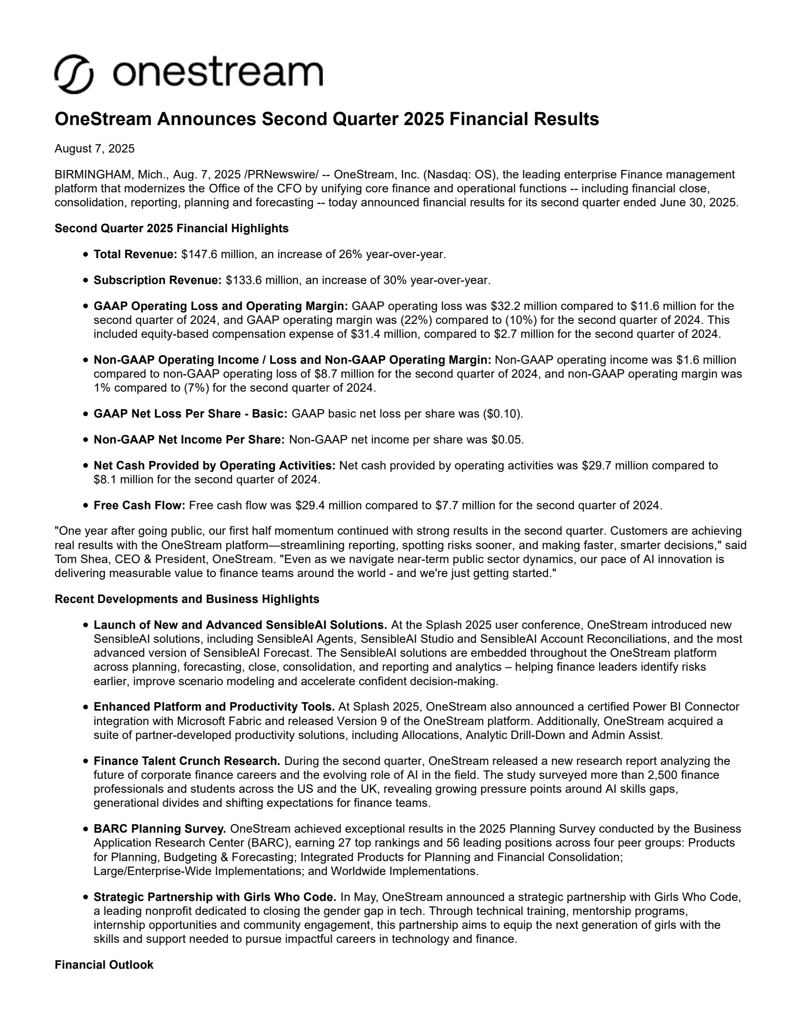 OneStream's Q2 2025 Press Release