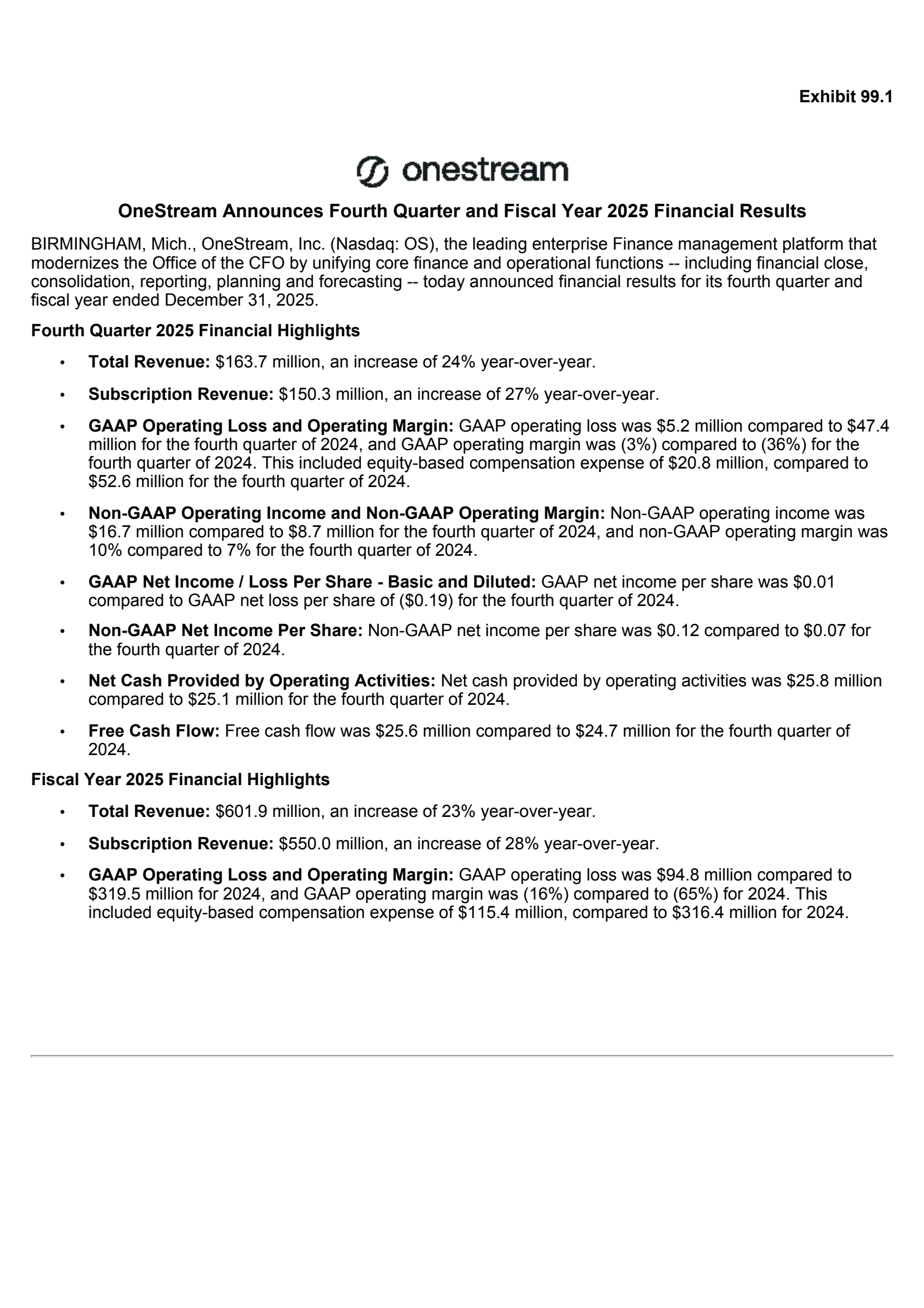 OneStream's Q4 2025 Press Release
