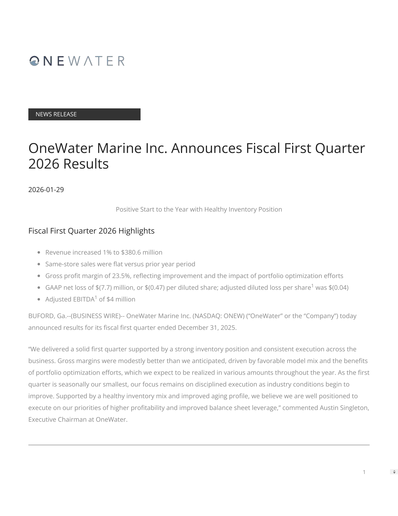 OneWater Marine's Q1 2026 Press Release