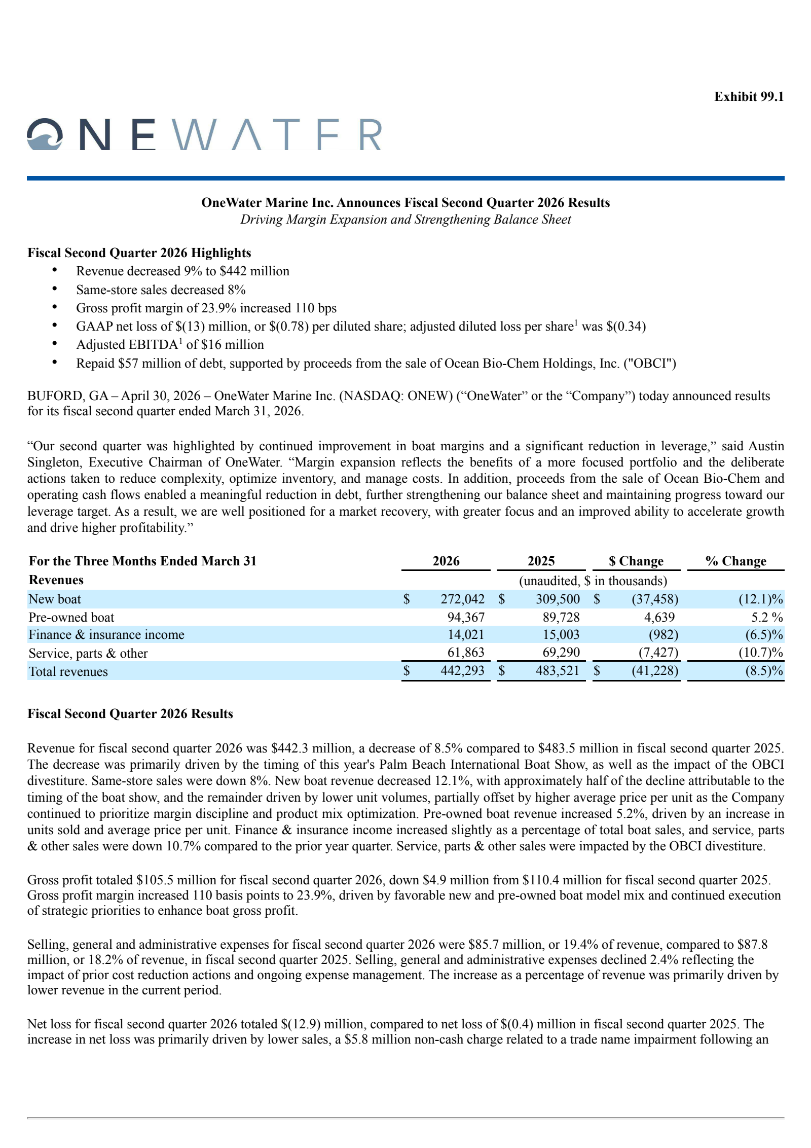OneWater Marine's Q2 2026 Press Release