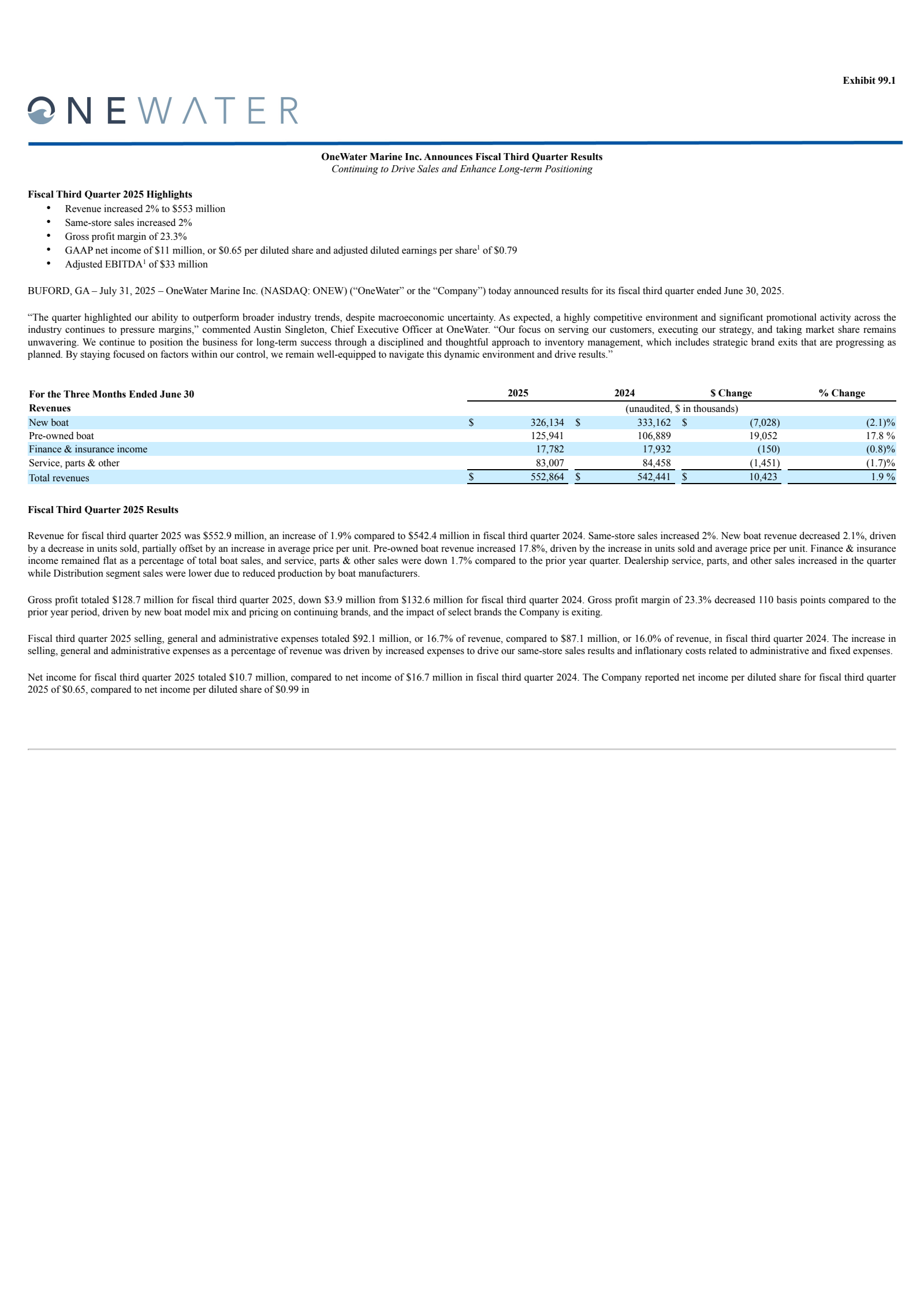OneWater Marine's Q3 2025 Press Release