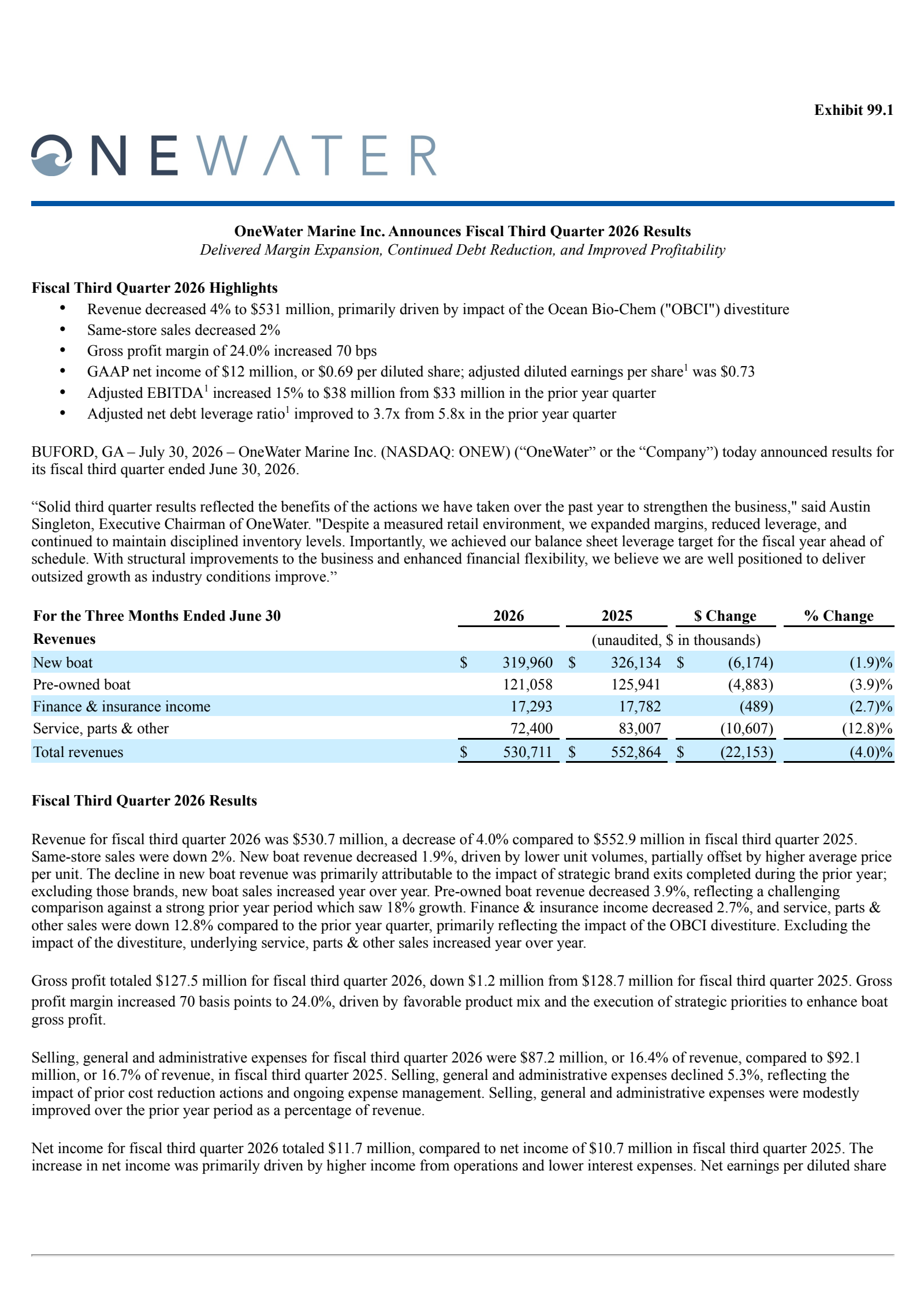 OneWater Marine's Q3 2026 Press Release