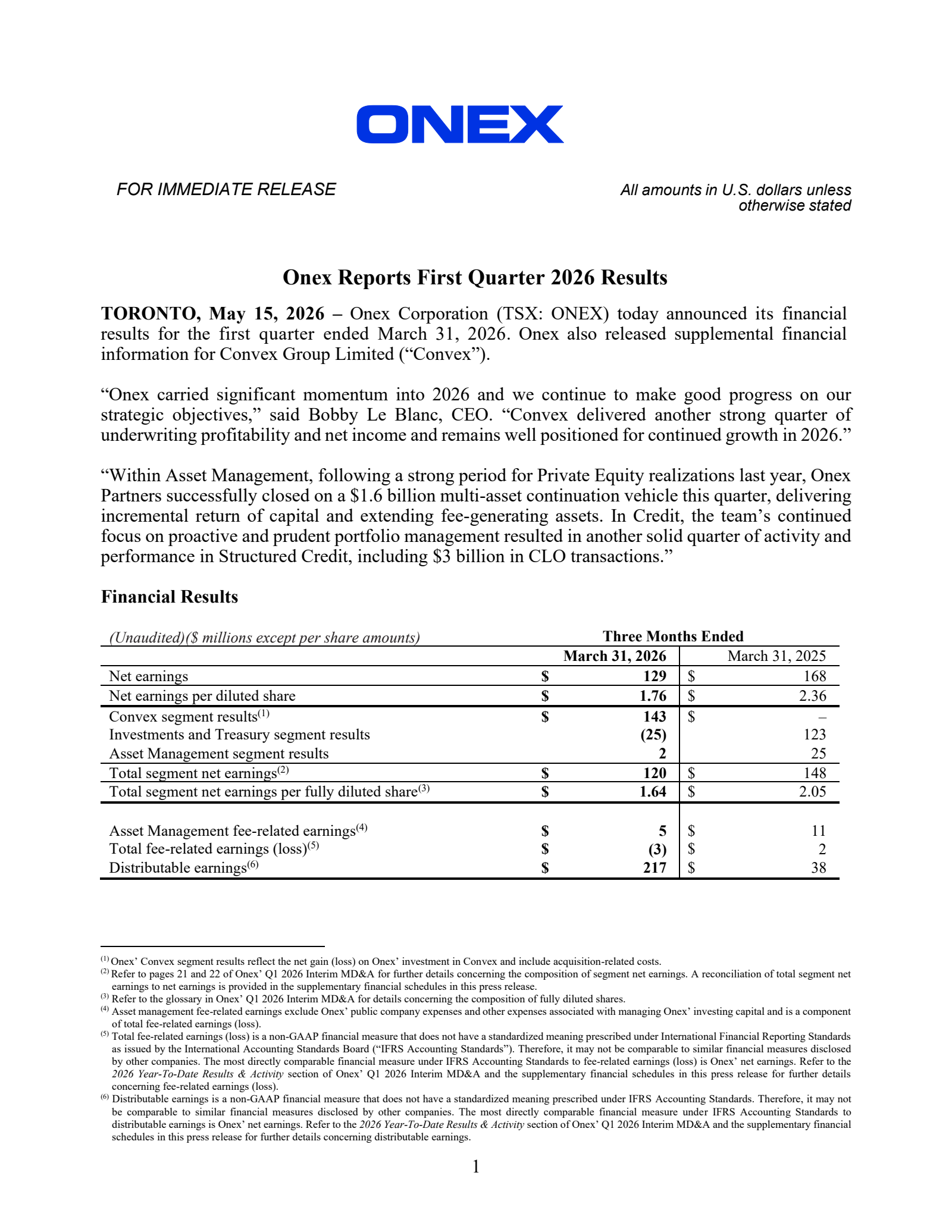 Onex's Q1 2026 Press Release