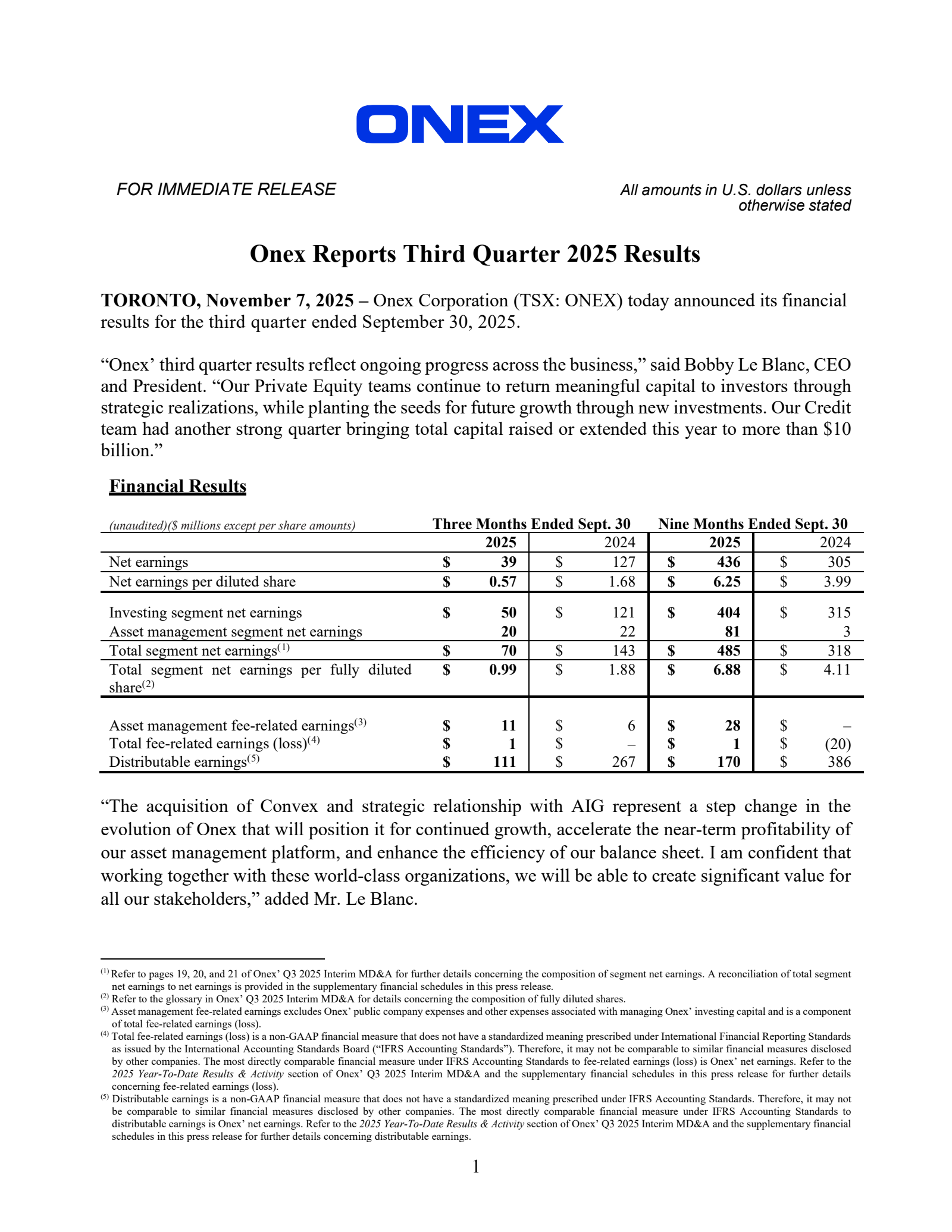 Onex's Q3 2025 Earnings Release