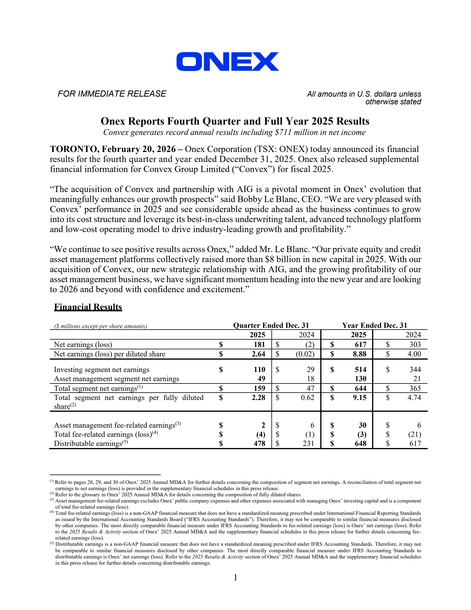 Onex's Q4 2025 Press Release