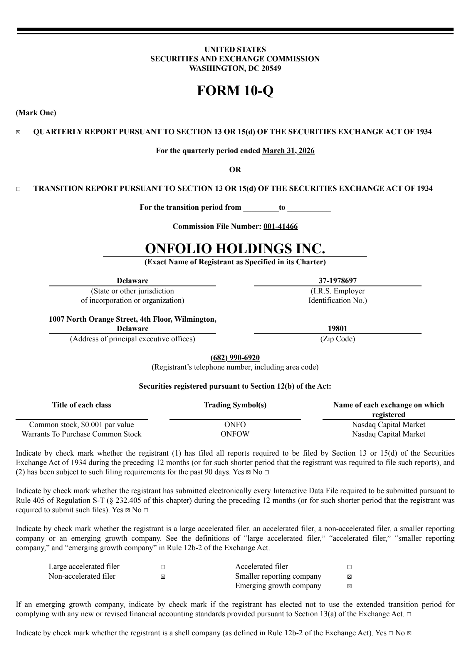 Onfolio's Q1 2026 Quarterly report