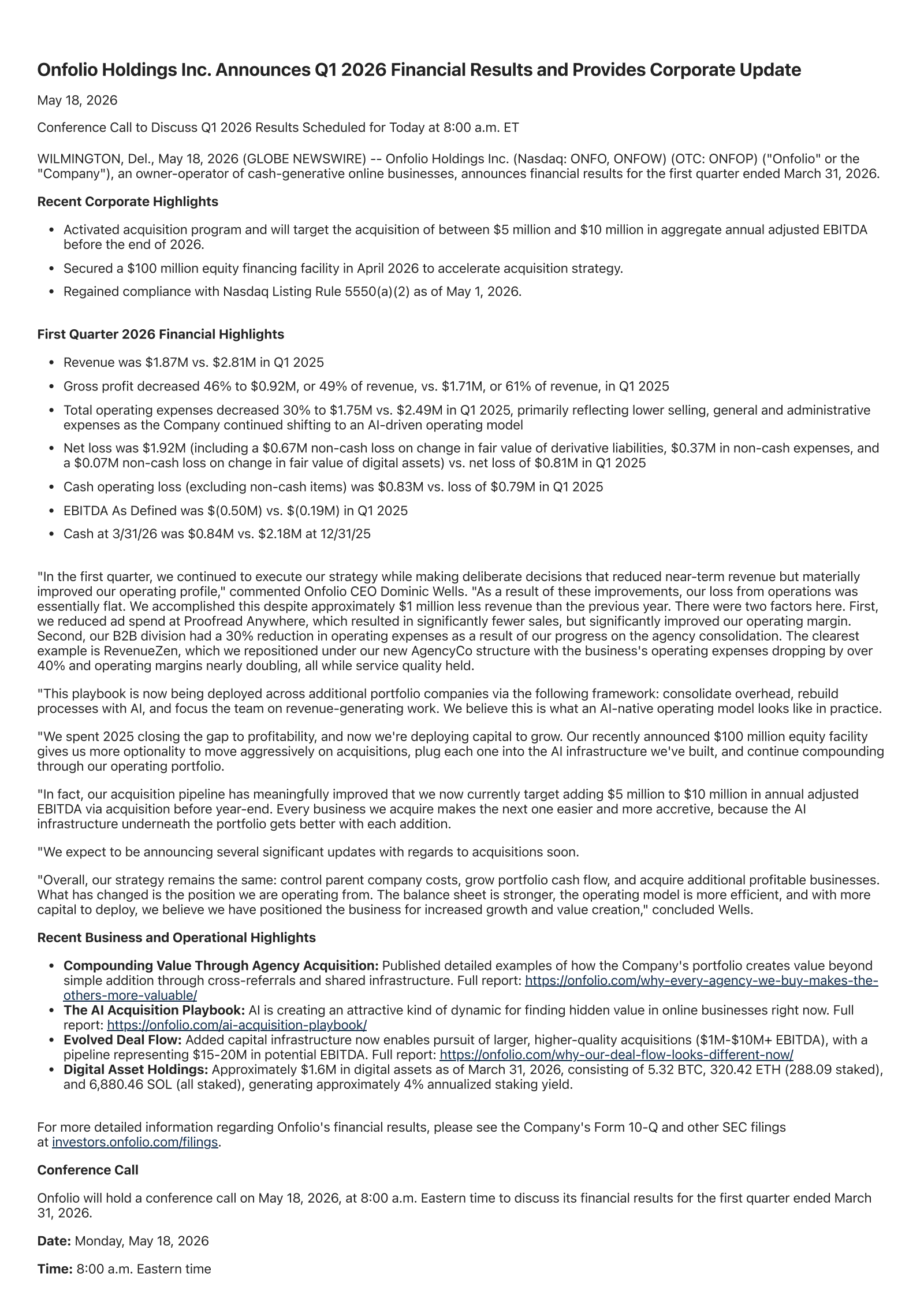 Onfolio's Q1 2026 Press Release