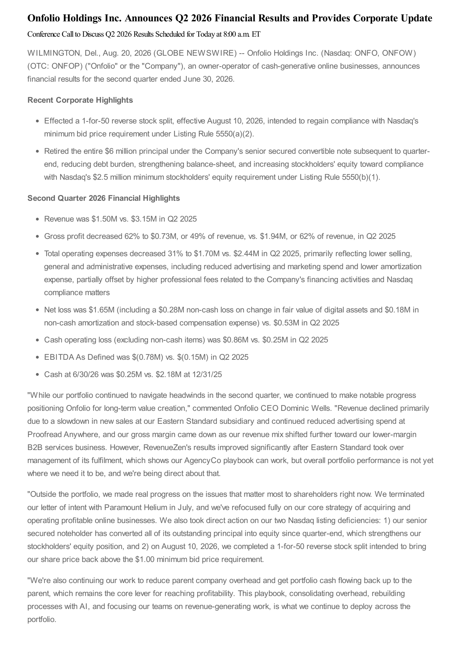 Onfolio's Q2 2026 Press Release