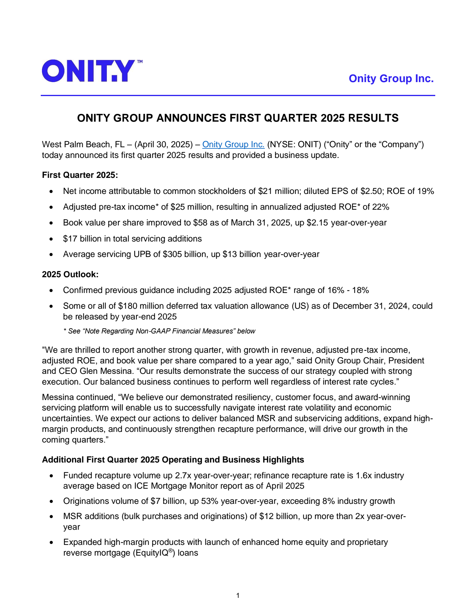 Onity Group's Q1 2025 Press Release