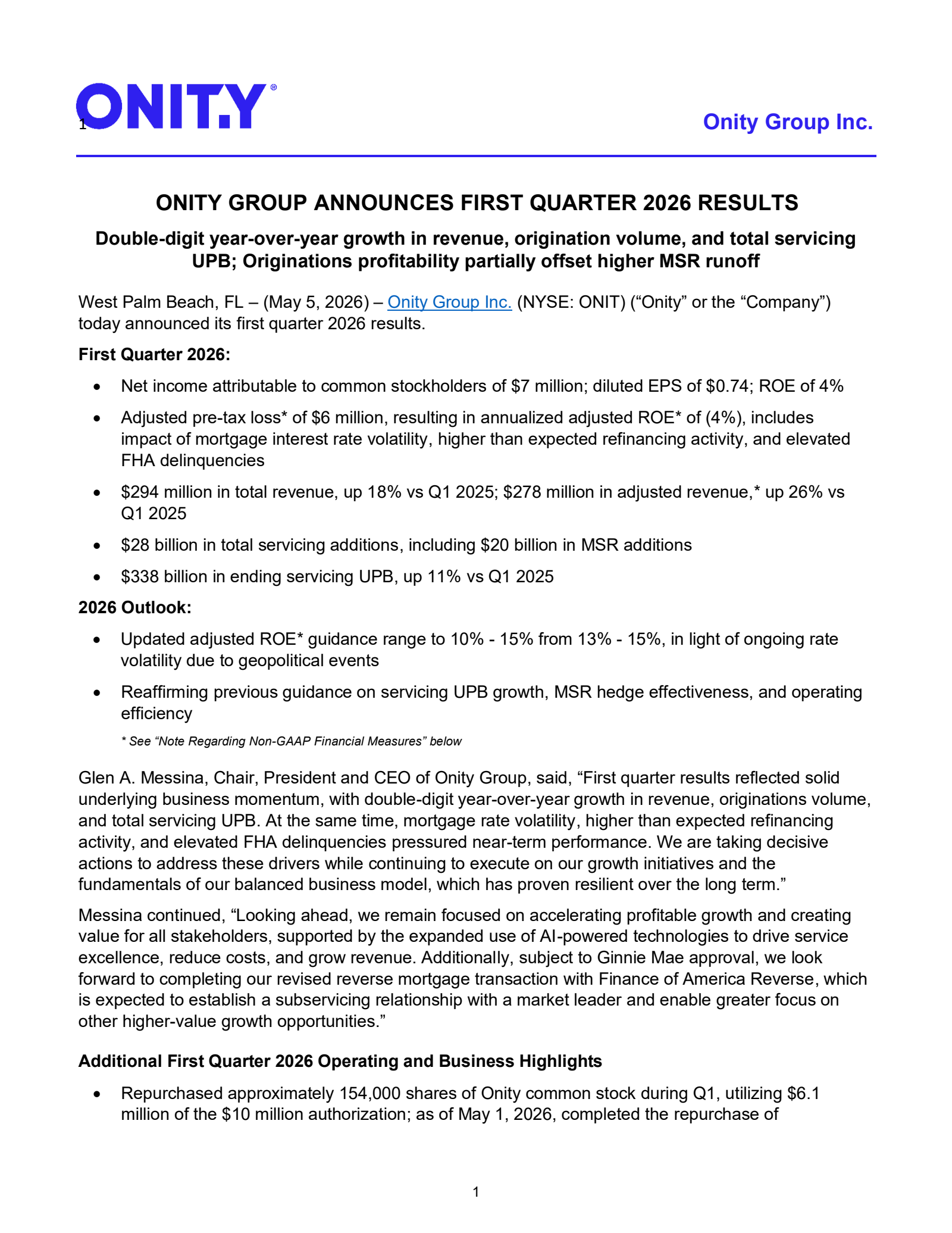 Onity Group's Q1 2026 Press Release