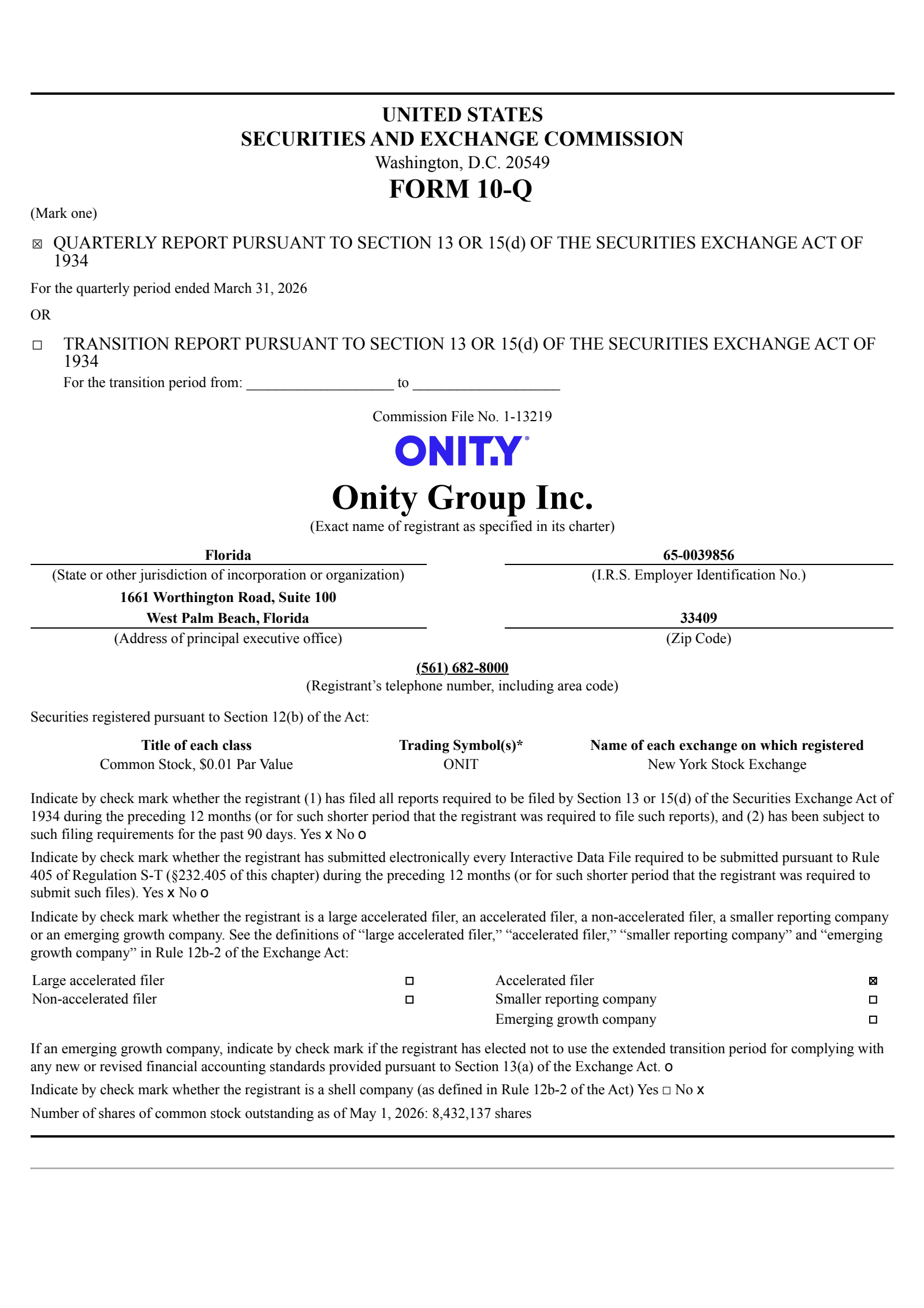 Onity Group's Q1 2026 Quarterly report