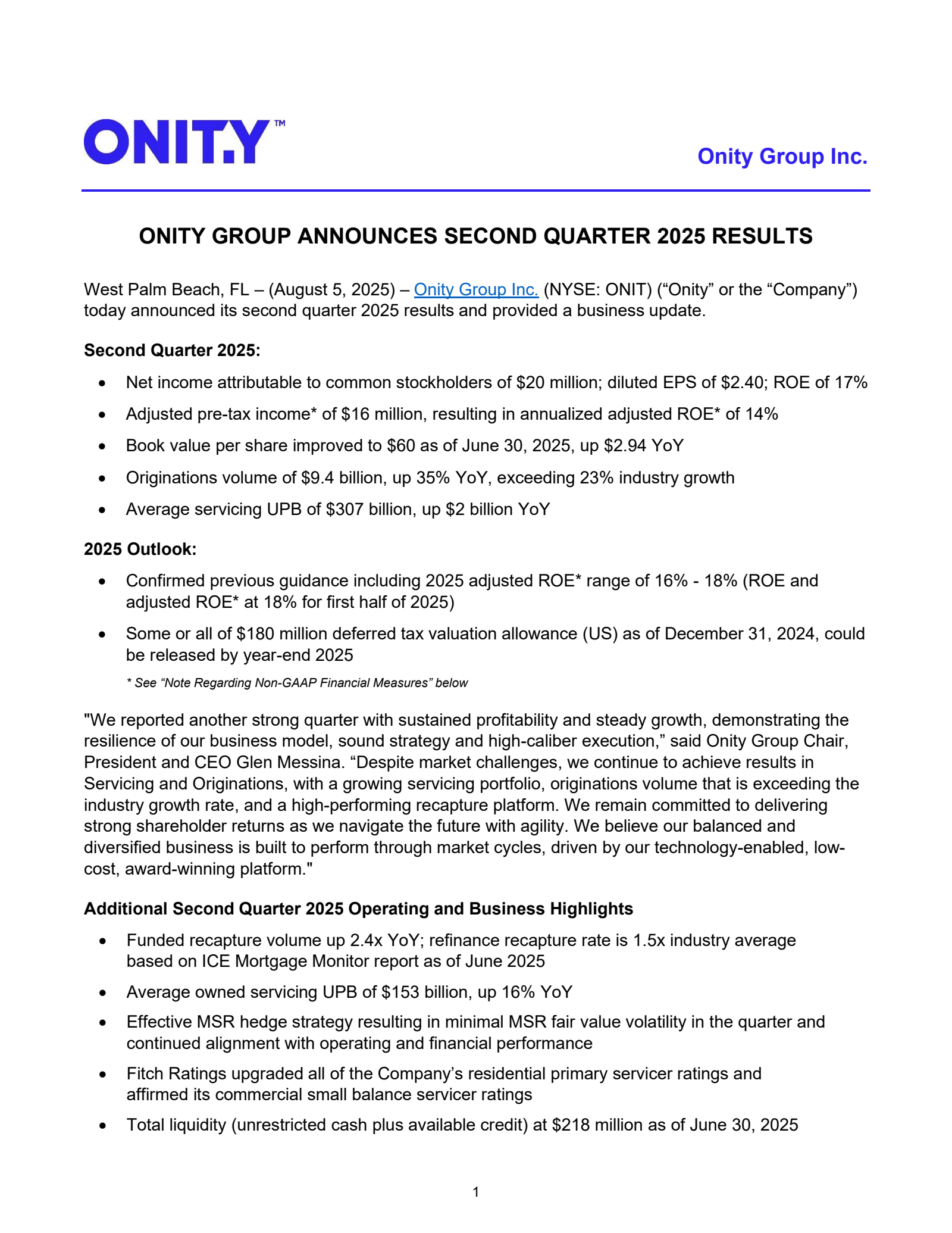 Onity Group's Q2 2025 Press Release