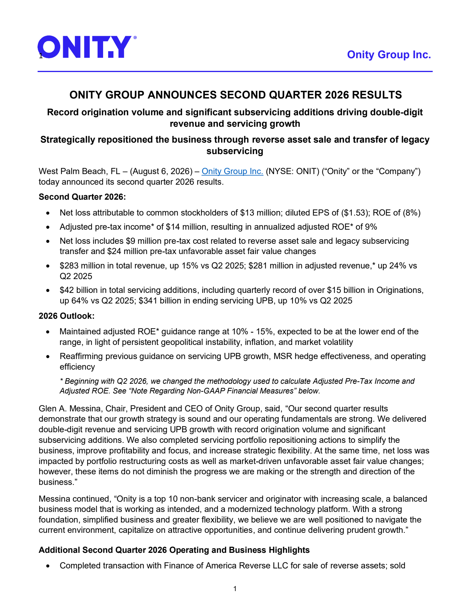 Onity Group's Q2 2026 Press Release