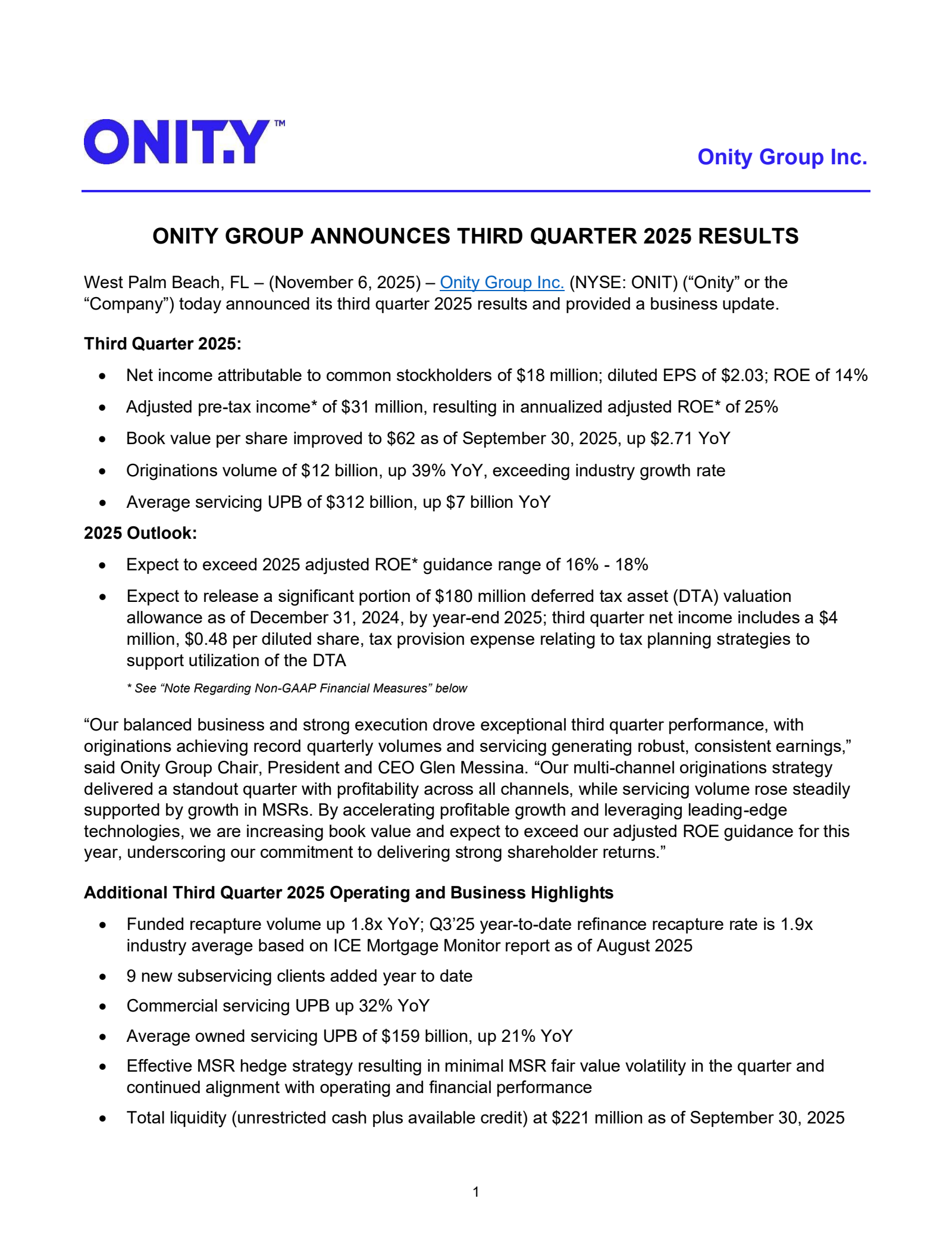 Onity Group's Q3 2025 Earnings Release