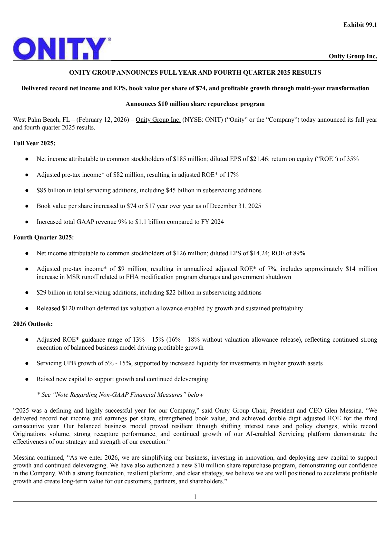 Onity Group's Q4 2025 Press Release