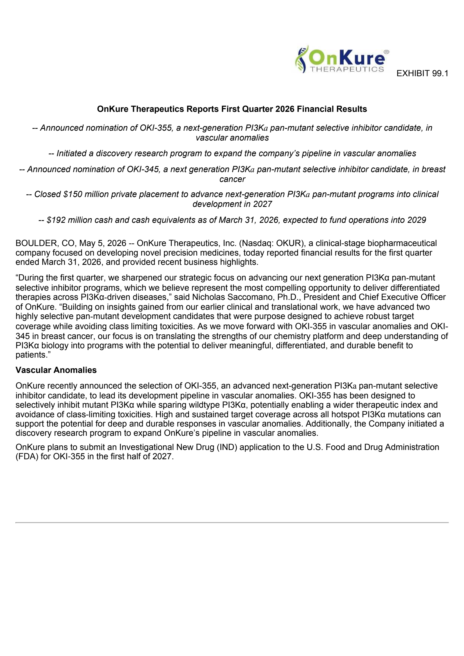 OnKure Therapeutics' Q1 2026 Press Release