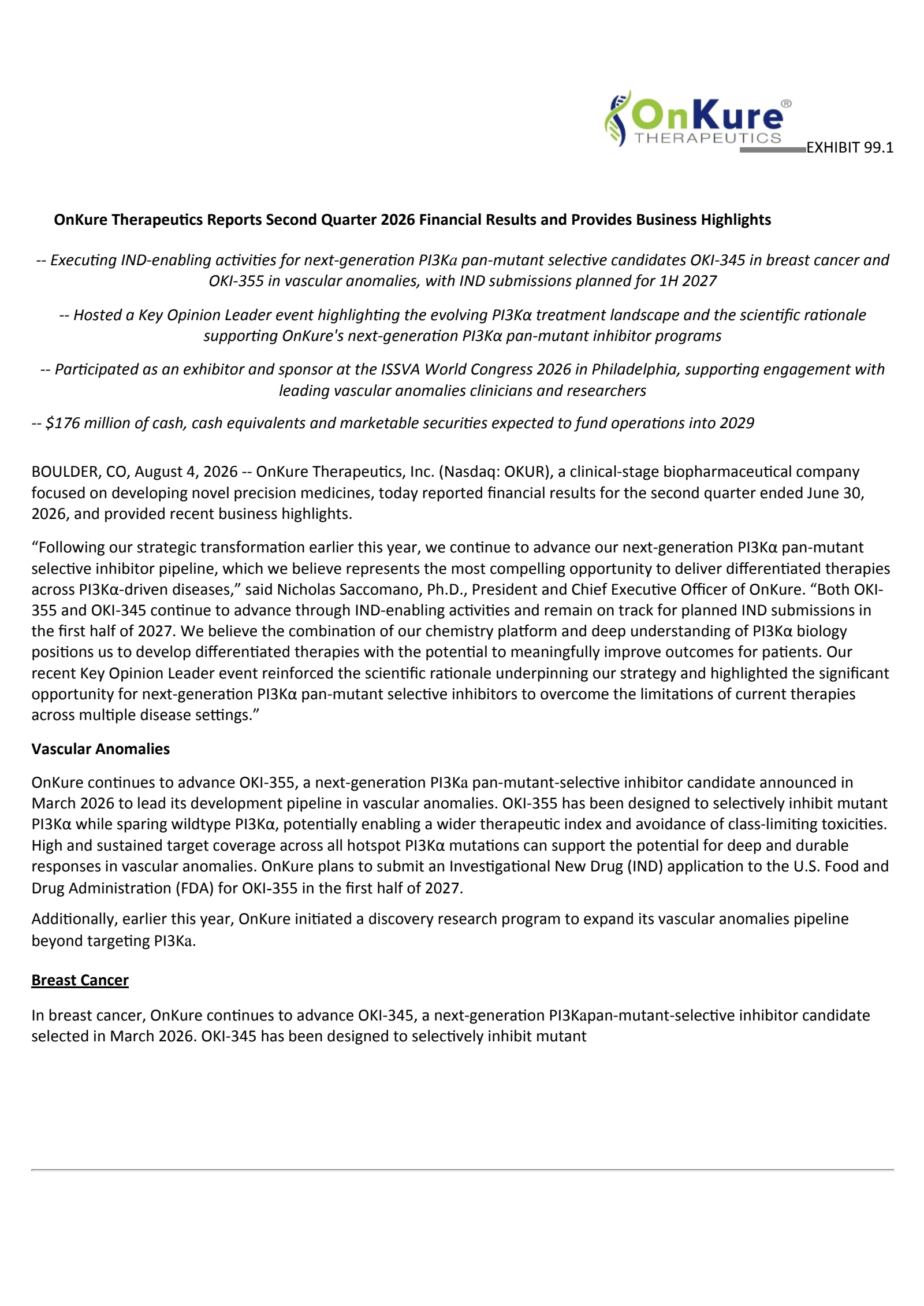 OnKure Therapeutics' Q2 2026 Press Release
