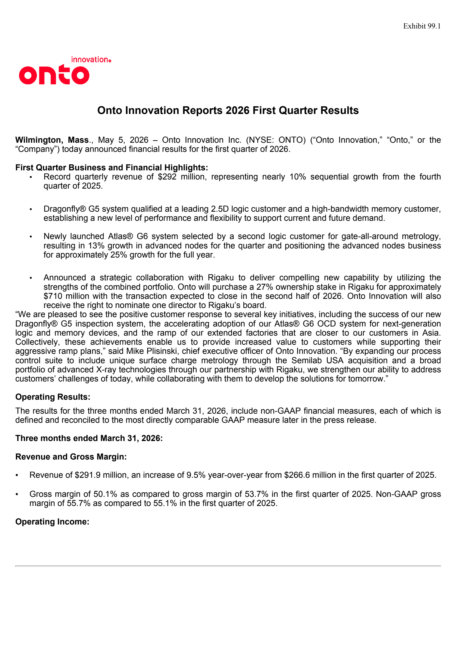 Onto Innovation's Q1 2026 Press Release