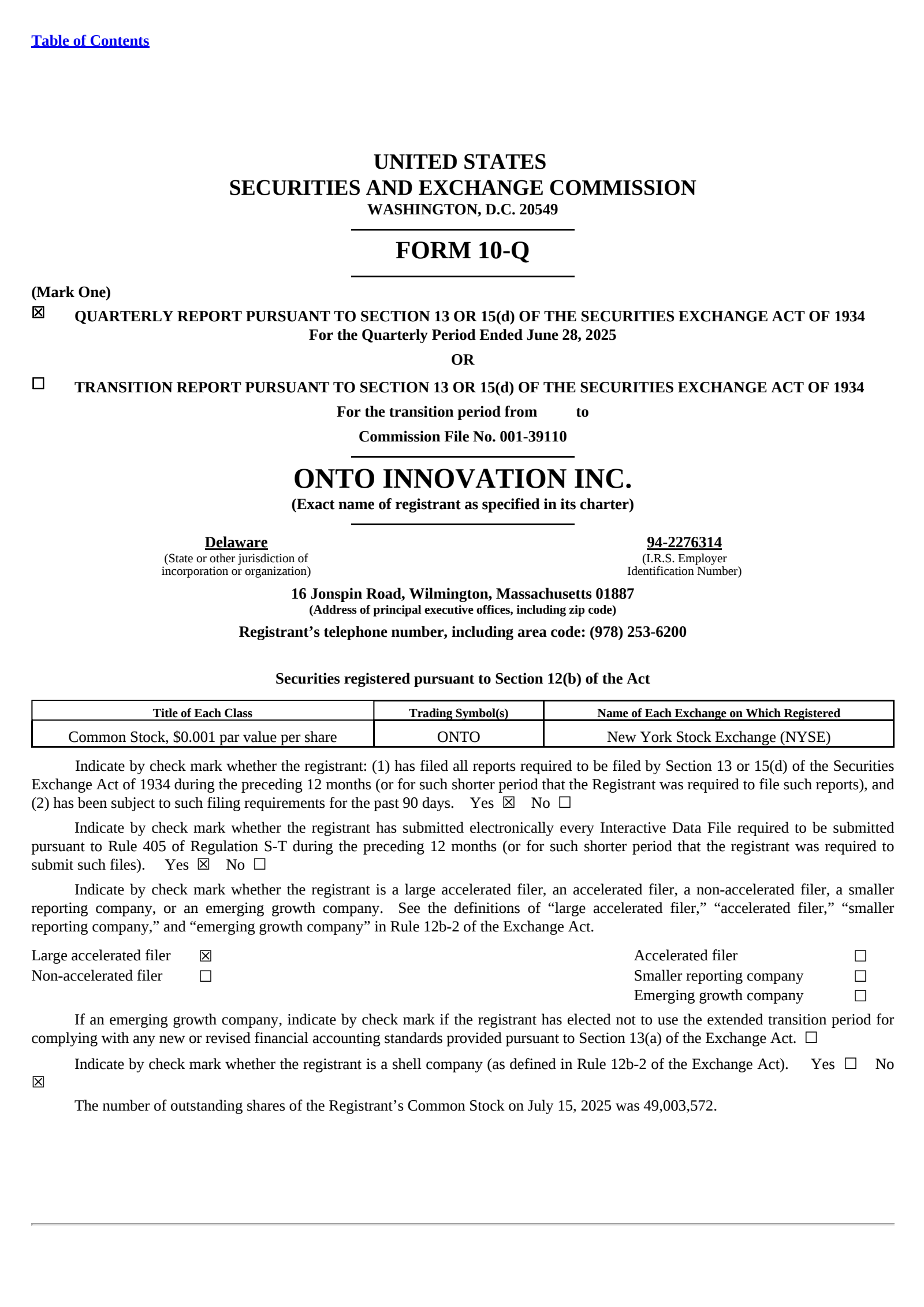 Onto Innovation's Q2 2025 Quarterly report