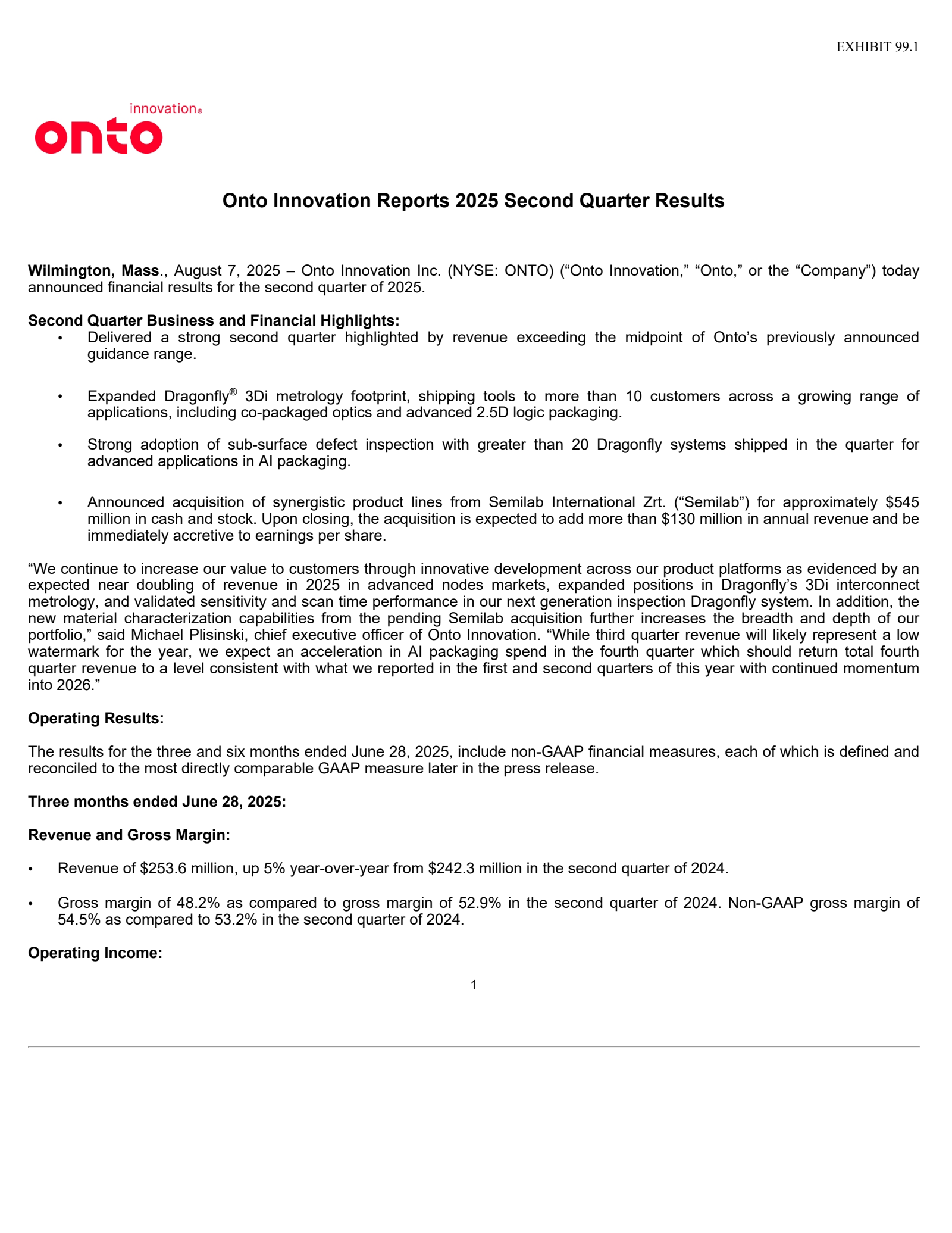 Onto Innovation's Q2 2025 Press Release