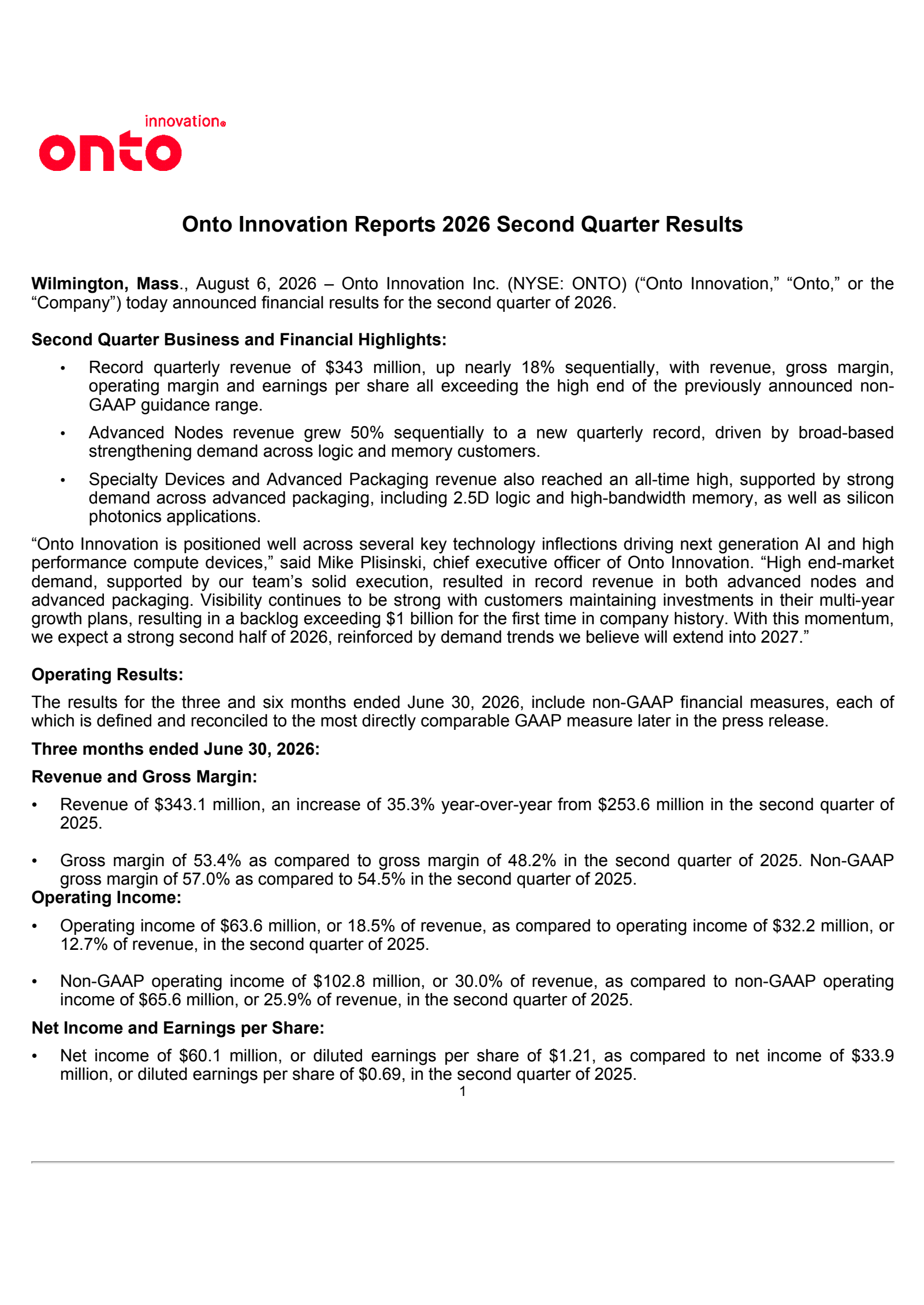 Onto Innovation's Q2 2026 Press Release