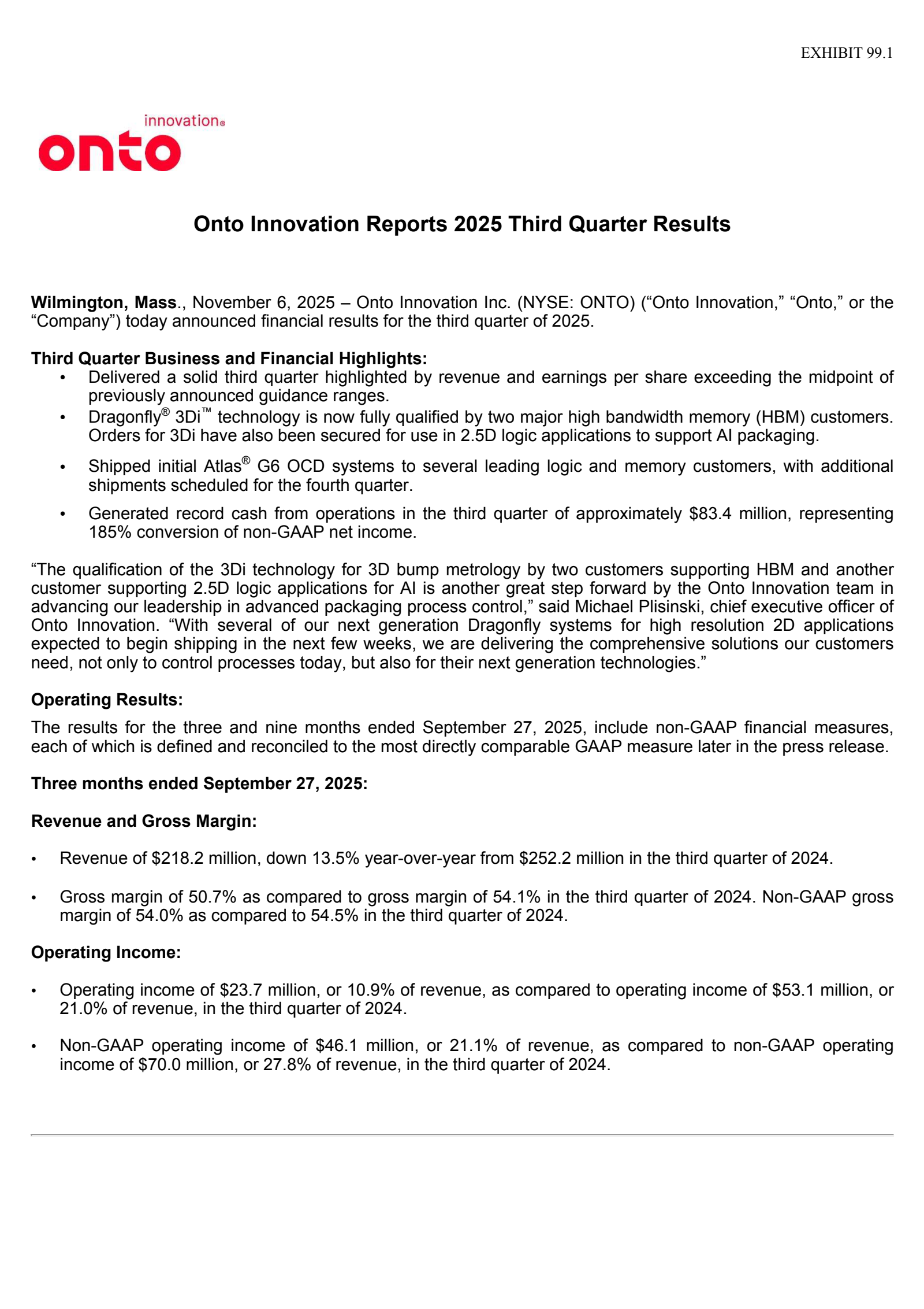 Onto Innovation's Q3 2025 Earnings Release