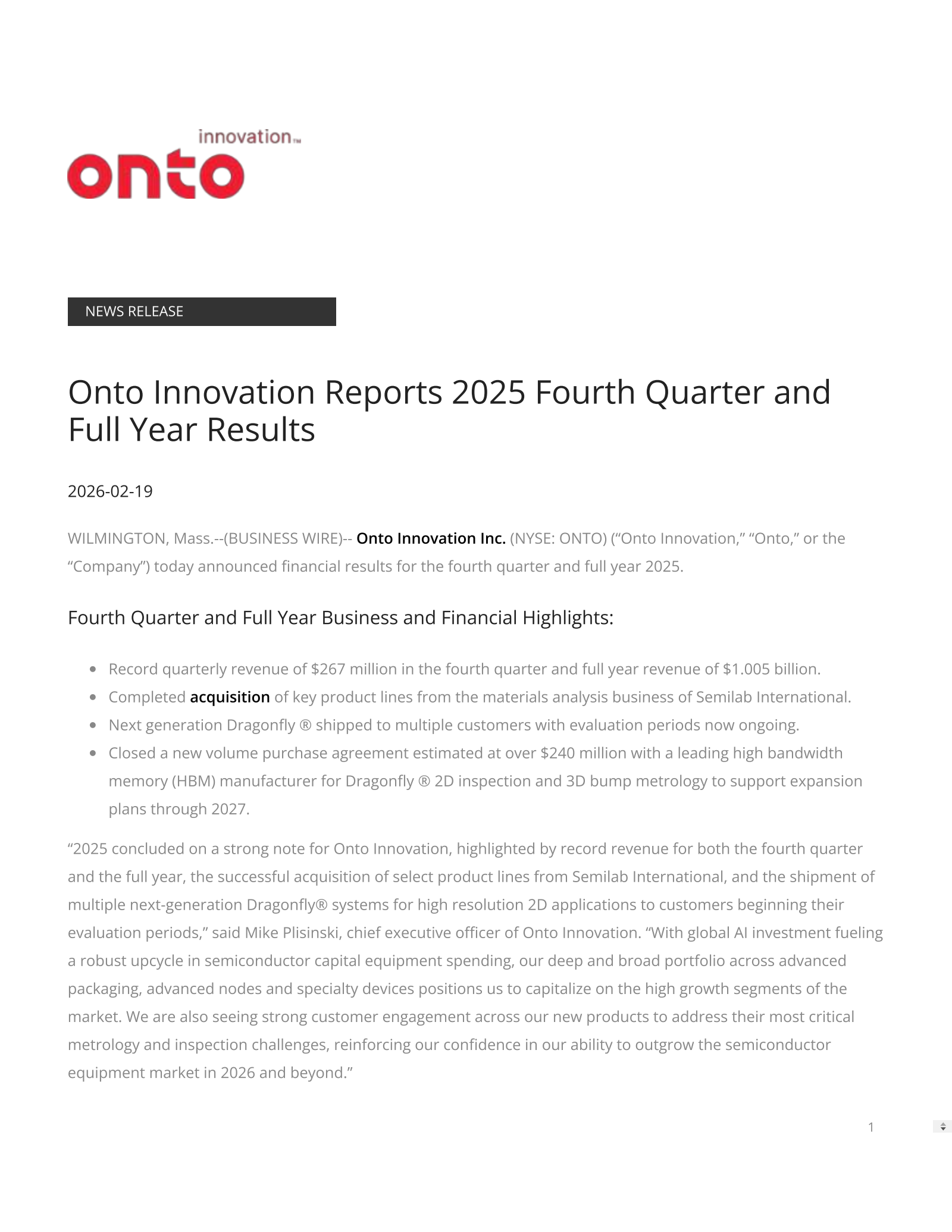 Onto Innovation's Q4 2025 Press Release