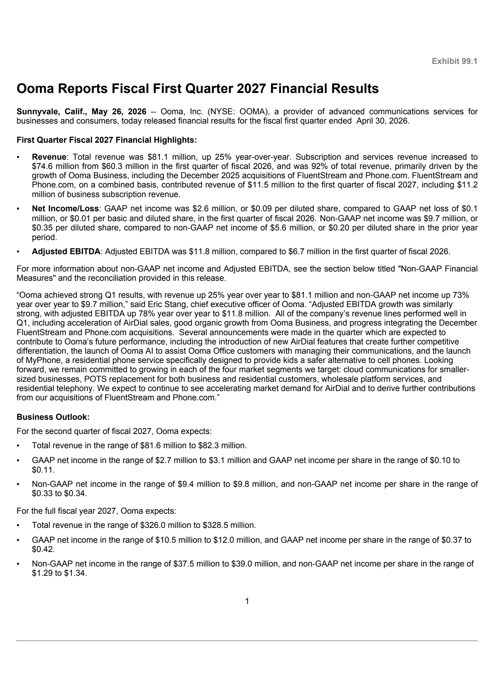 Ooma's Q1 2027 Press Release