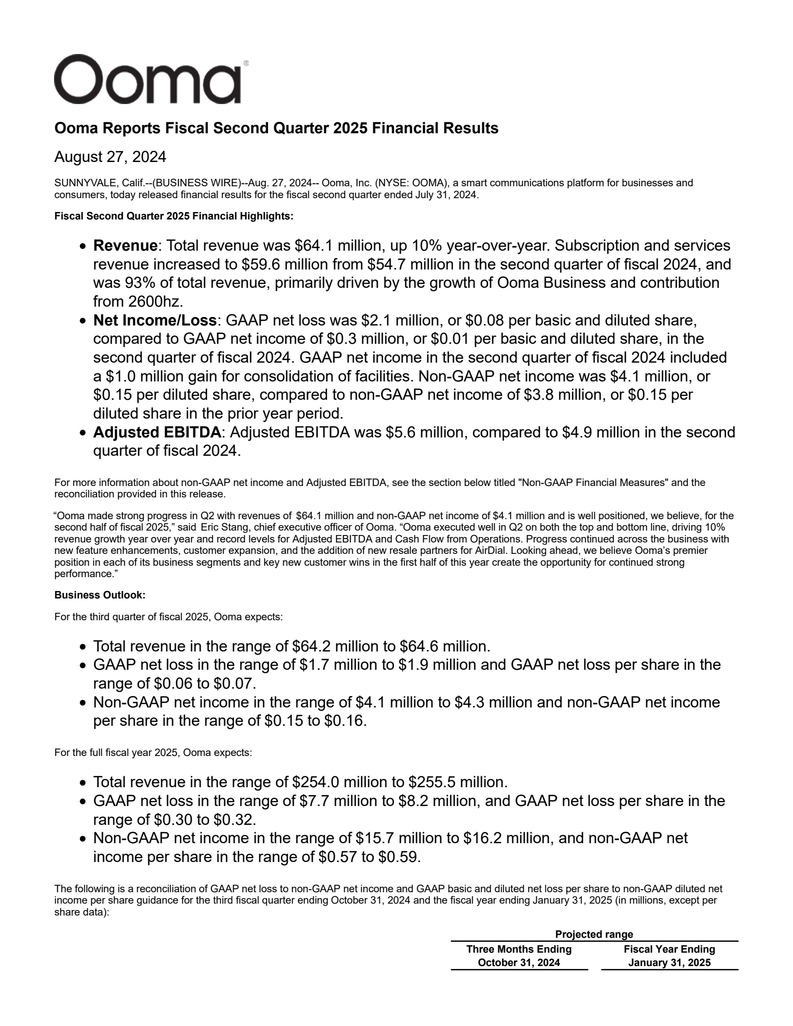 Ooma's Q2 2025 Press Release