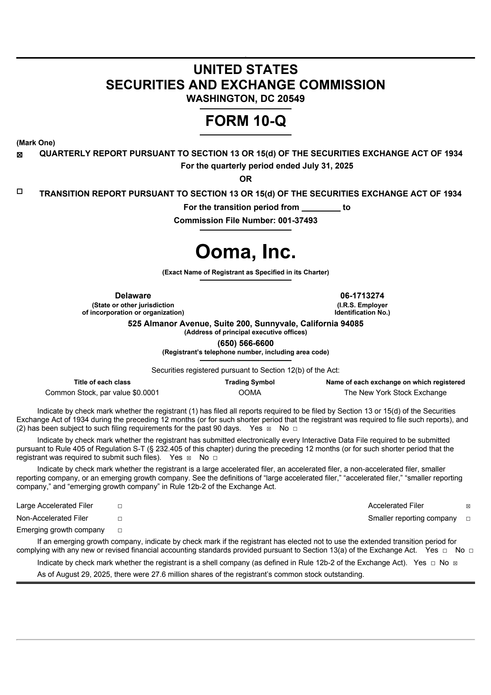 Ooma's Q2 2026 Quarterly report