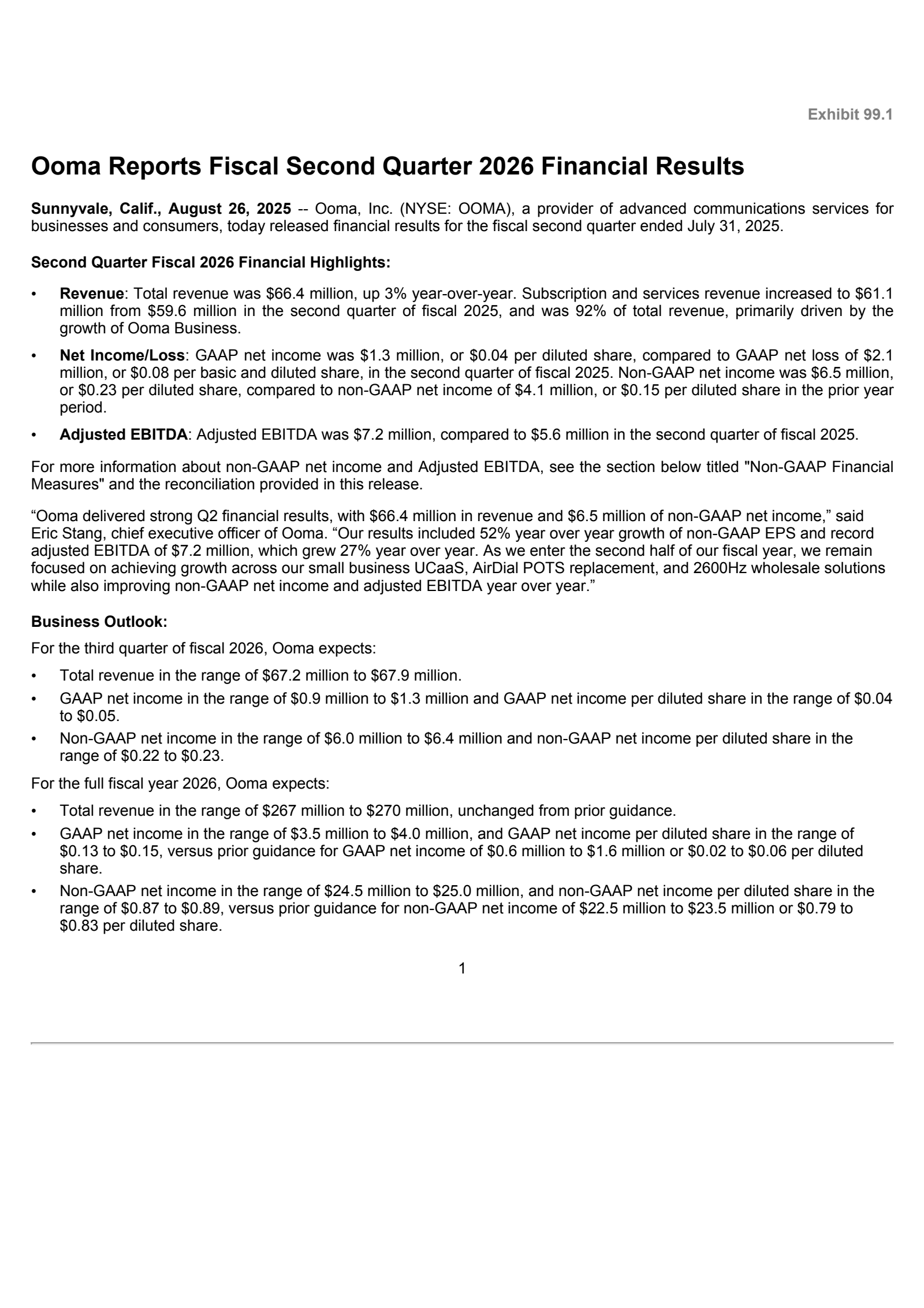 Ooma's Q2 2026 Press Release