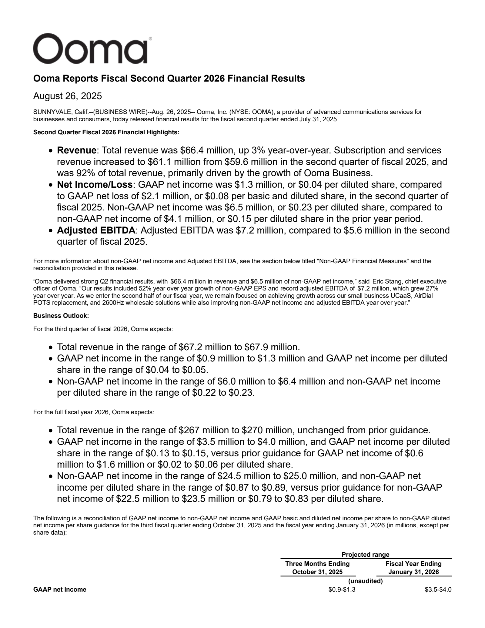 Ooma's Q2 2026 Press Release