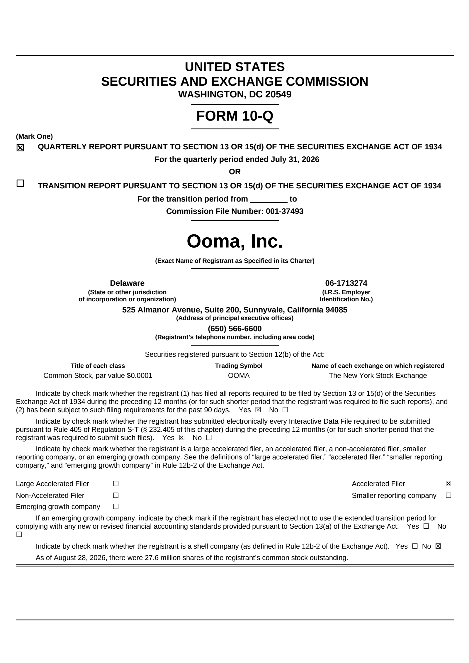 Ooma's Q2 2027 Quarterly report