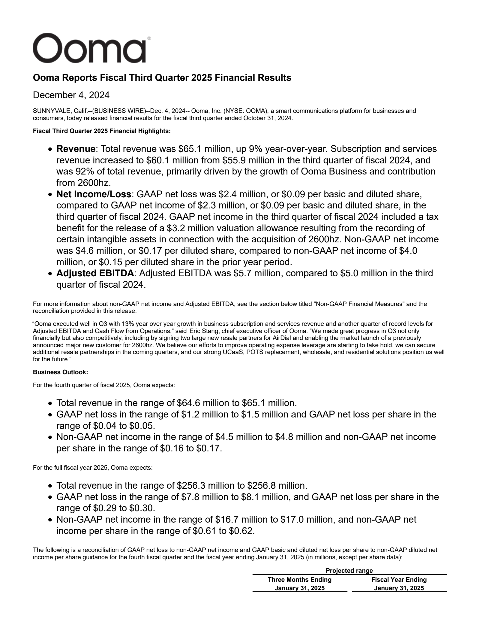 Ooma's Q3 2025 Press Release
