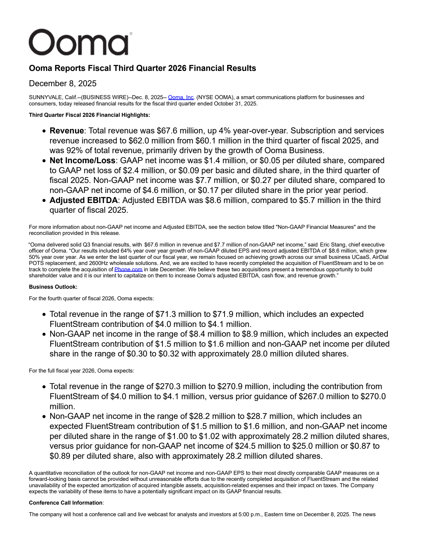 Ooma's Q3 2026 Press Release