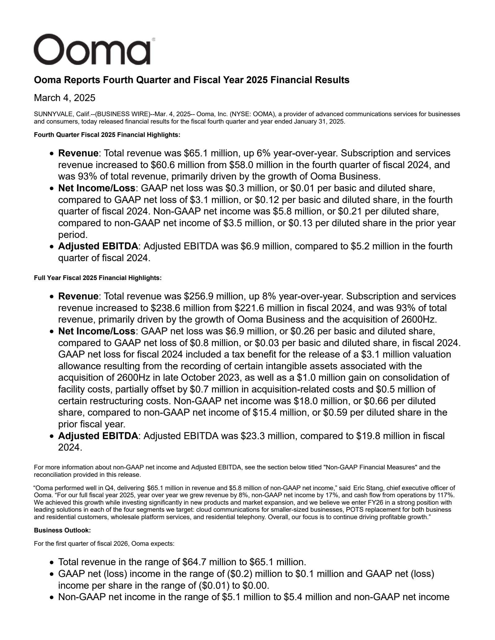Ooma's Q4 2025 Press Release
