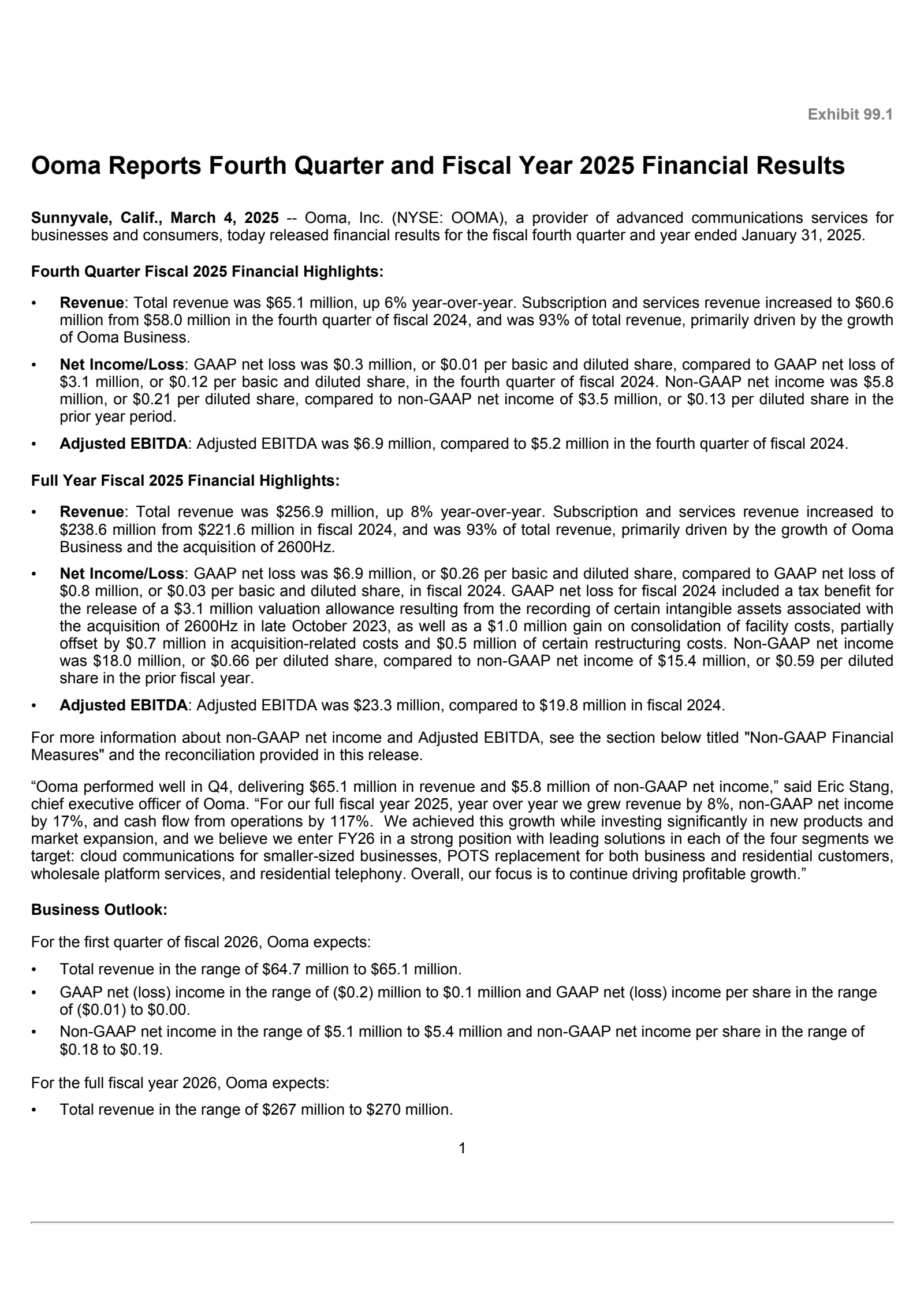 Ooma's Q4 2025 Press Release
