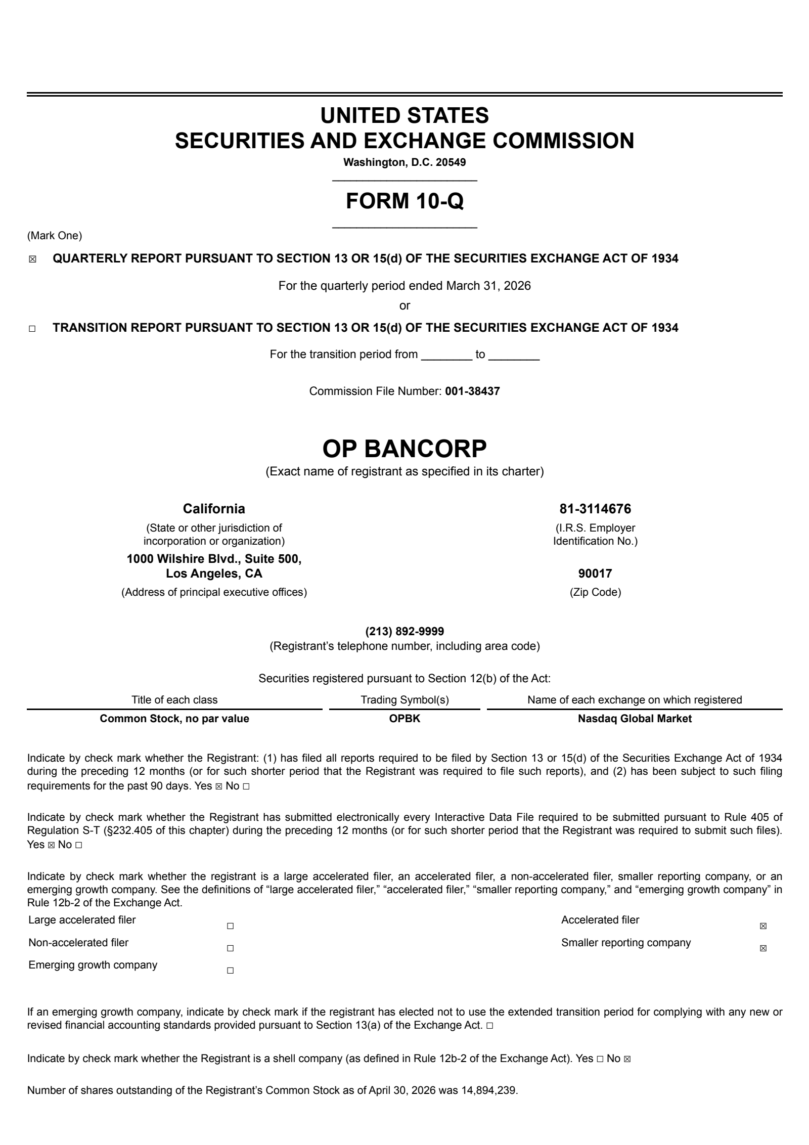 OP Bancorp's Q1 2026 Quarterly report