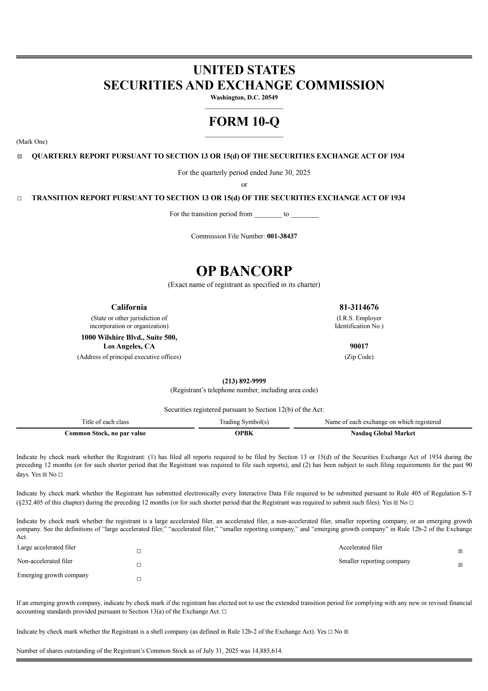 OP Bancorp's Q2 2025 Quarterly report