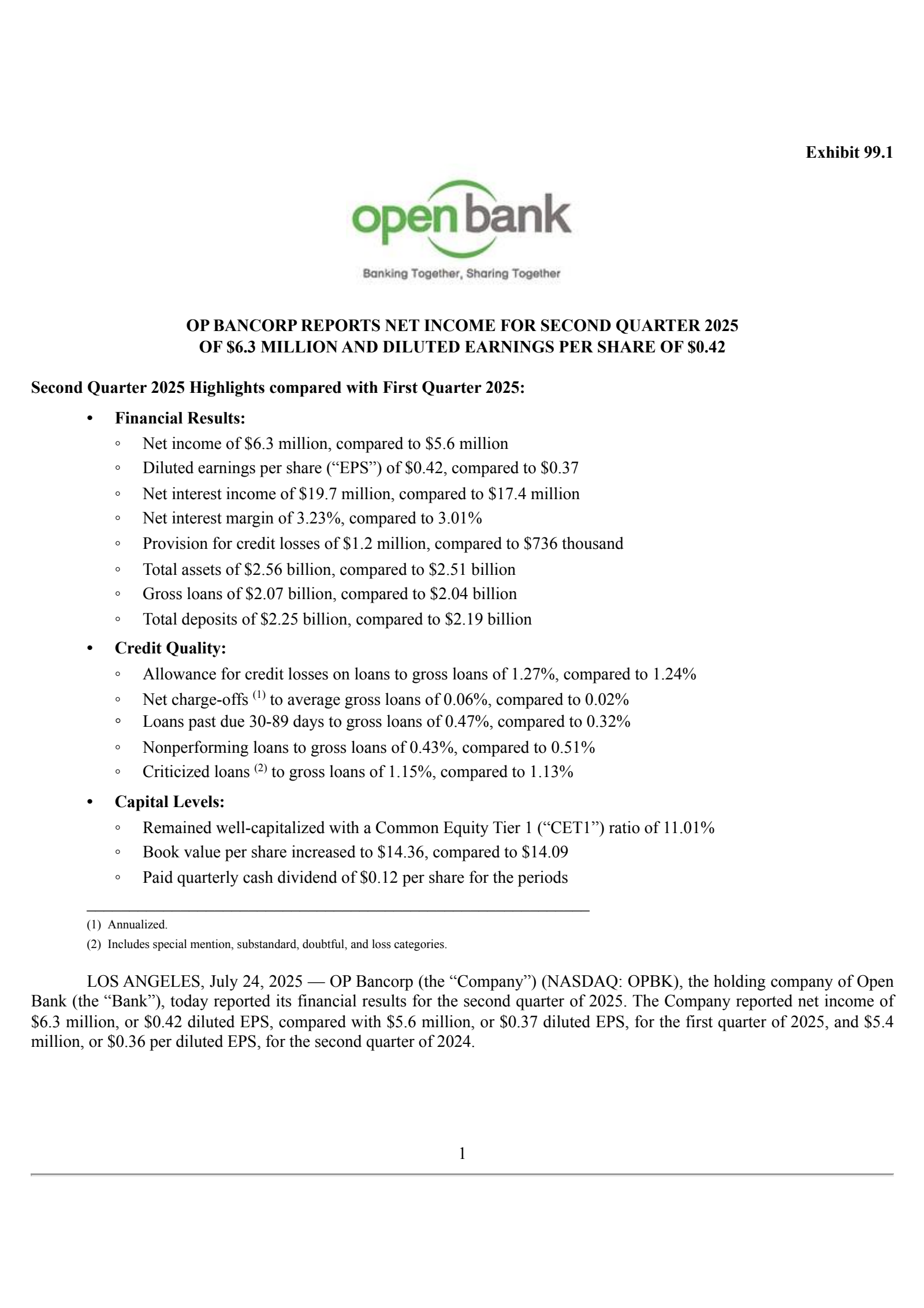 OP Bancorp's Q2 2025 Press Release