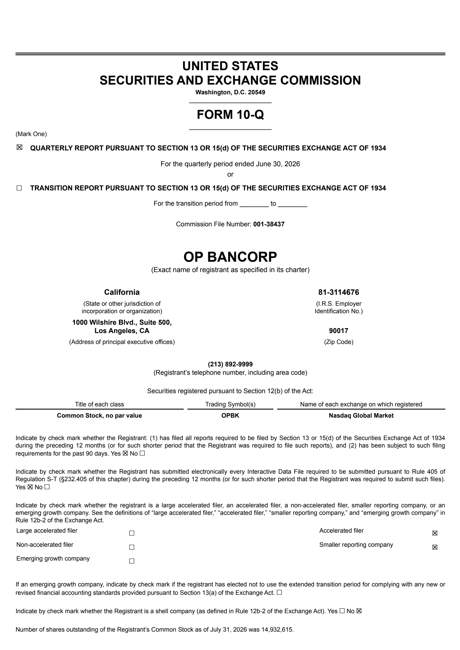 OP Bancorp's Q2 2026 Quarterly report