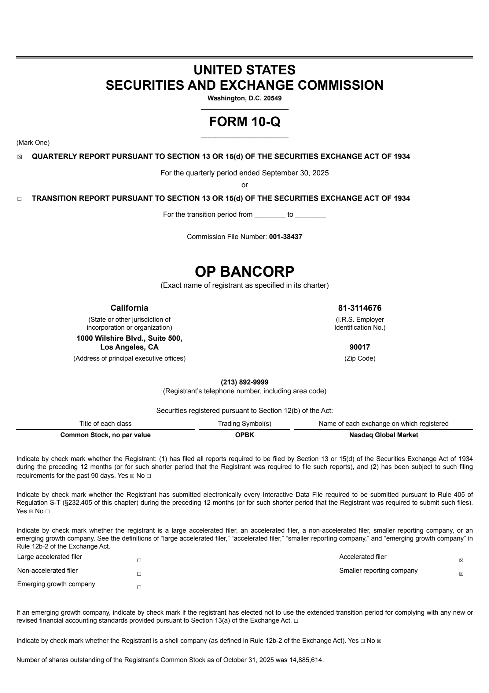 OP Bancorp's Q3 2025 Quarterly Report