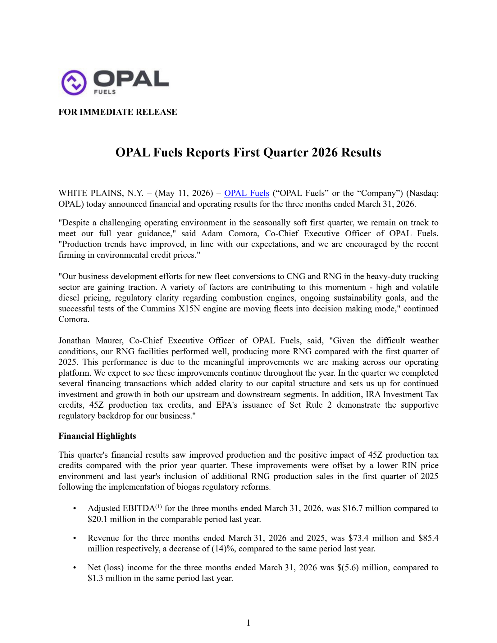 OPAL Fuels' Q1 2026 Press Release