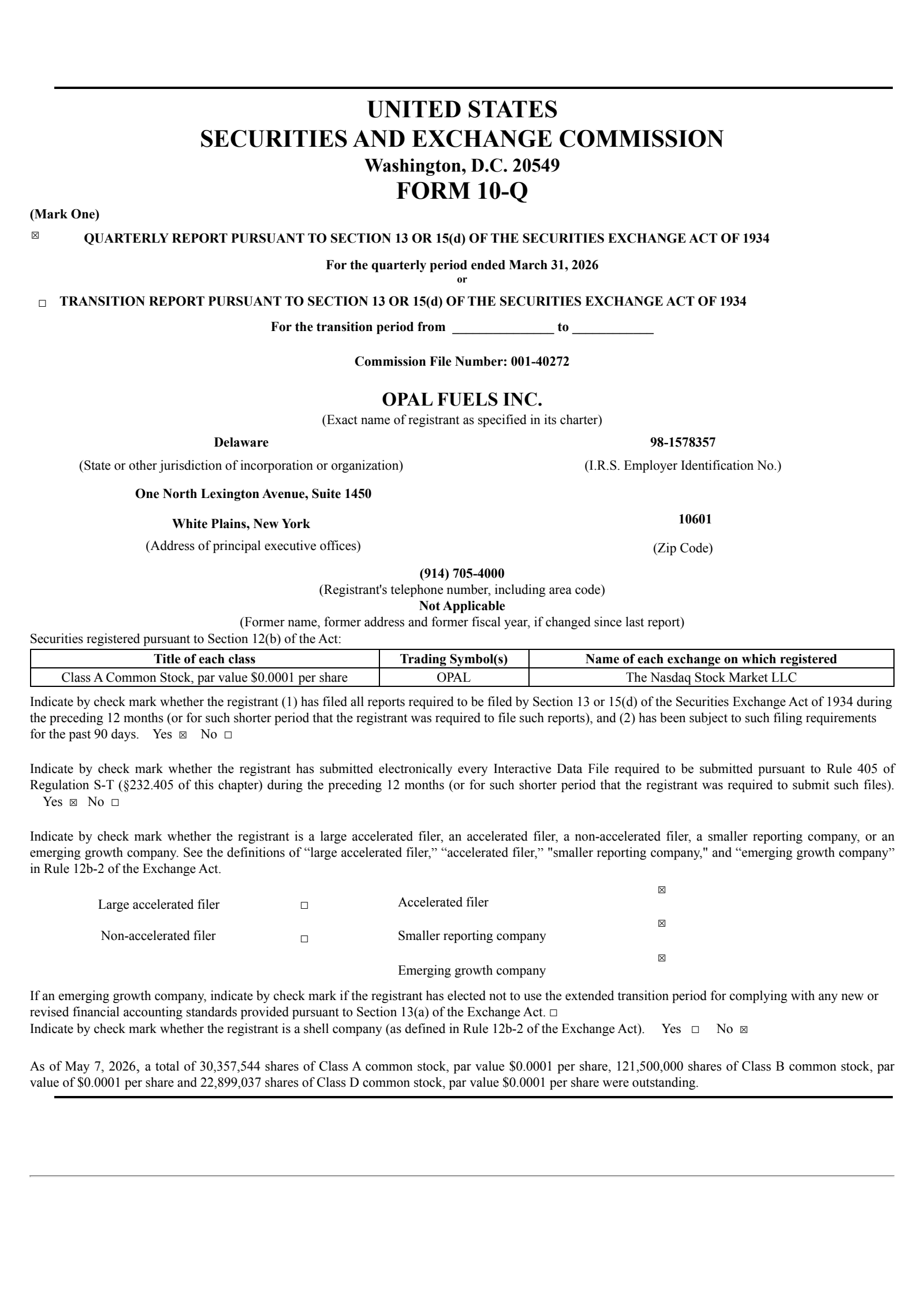 OPAL Fuels' Q1 2026 Quarterly report