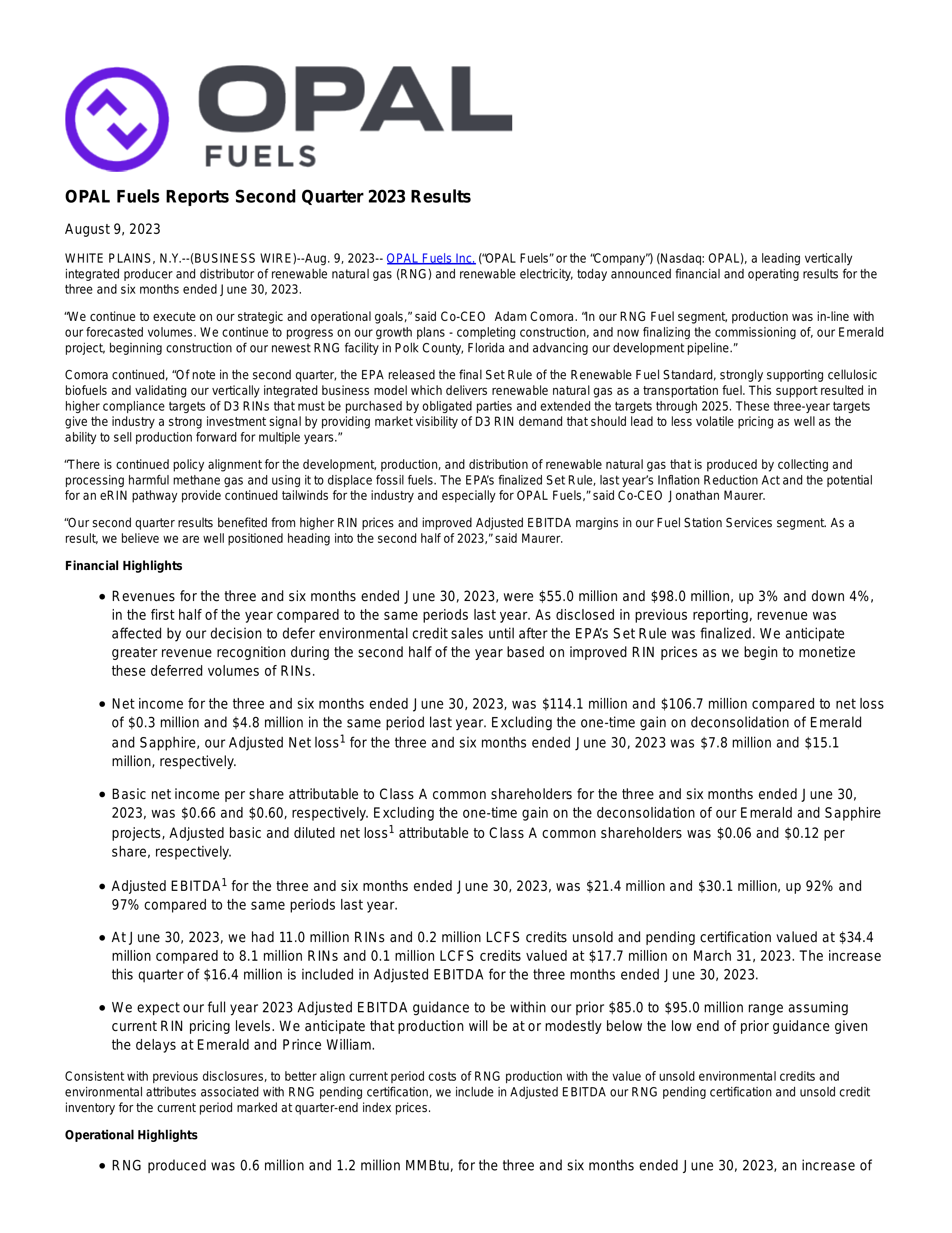 OPAL Fuels' Q2 2023 Press Release