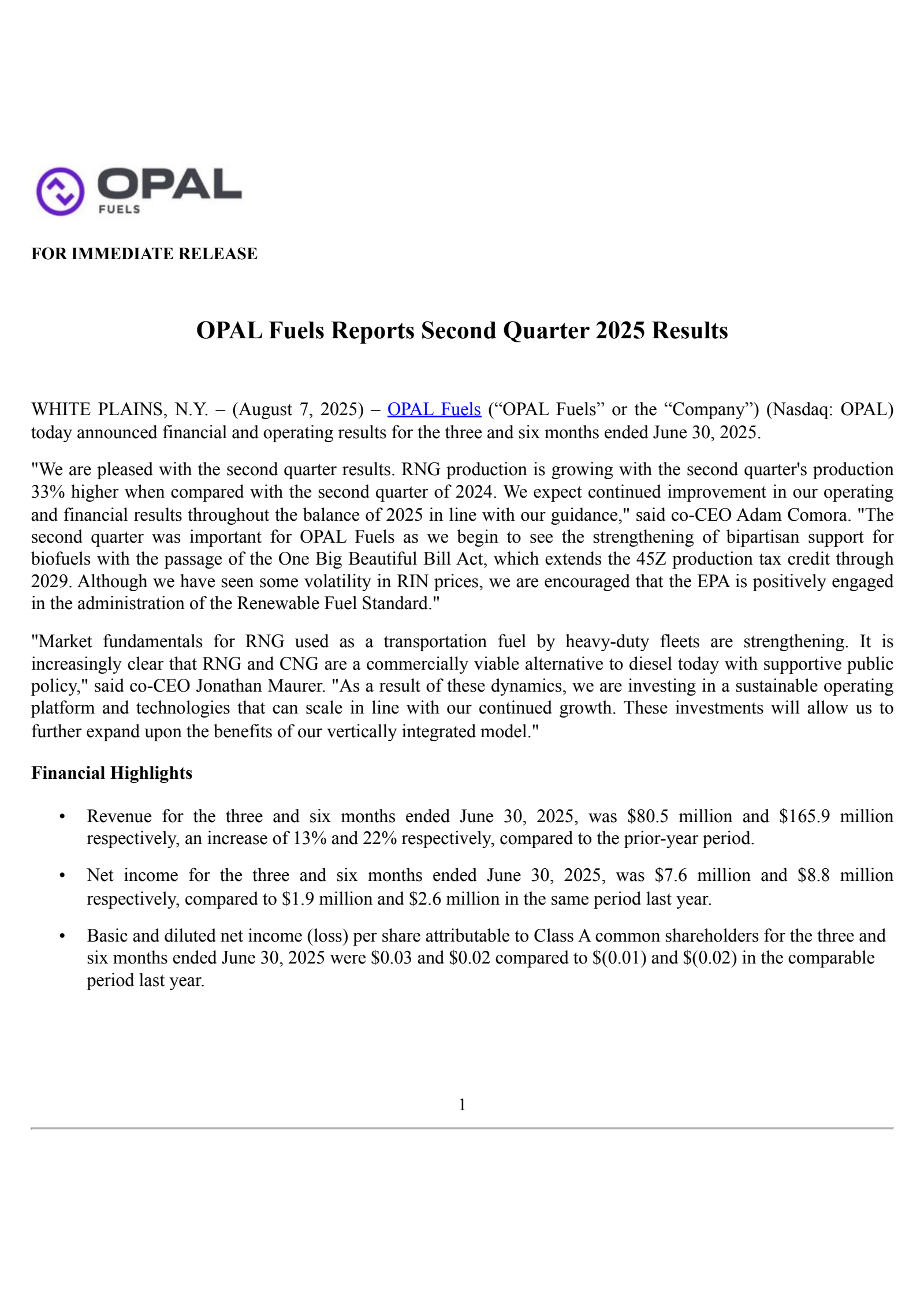 OPAL Fuels' Q2 2025 Press Release