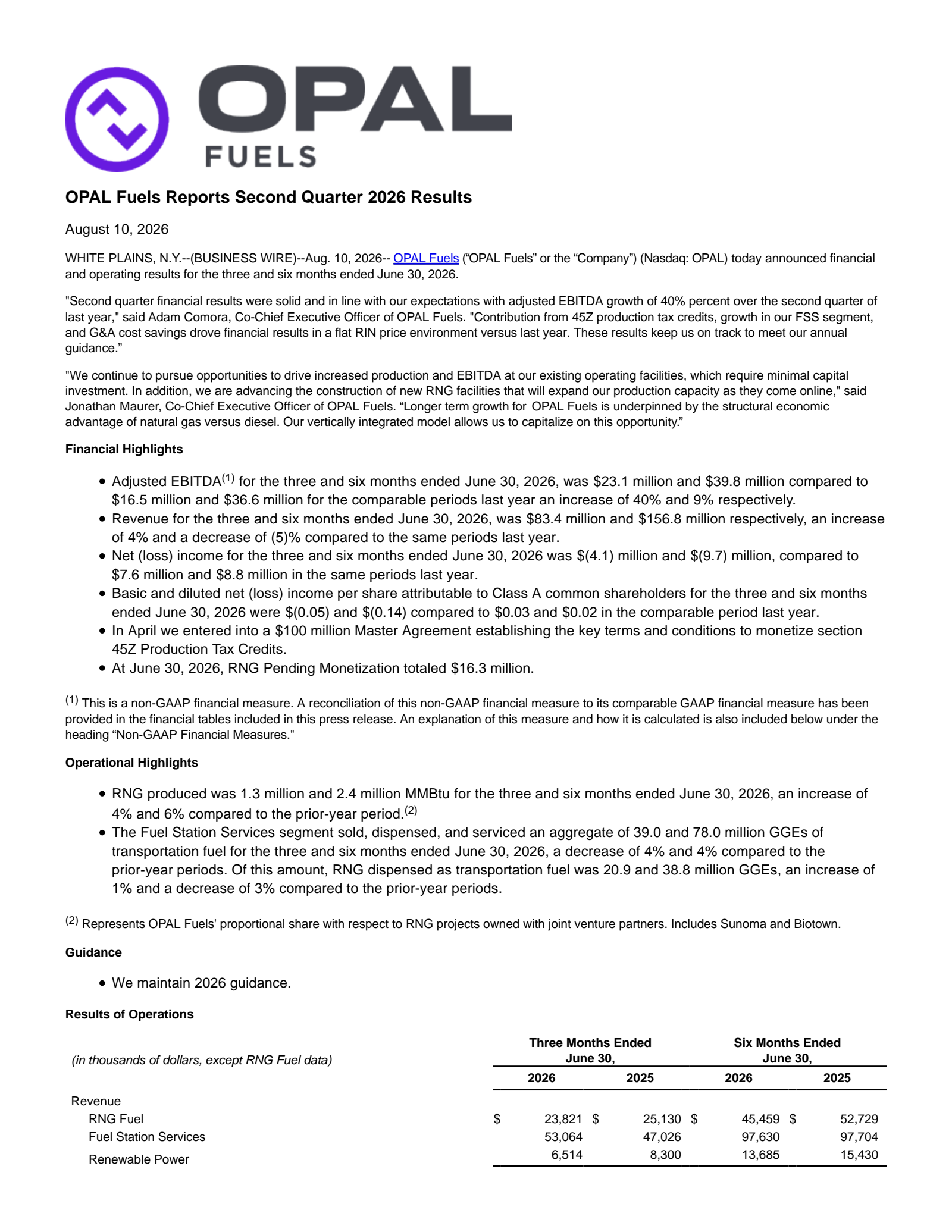 OPAL Fuels' Q2 2026 Press Release