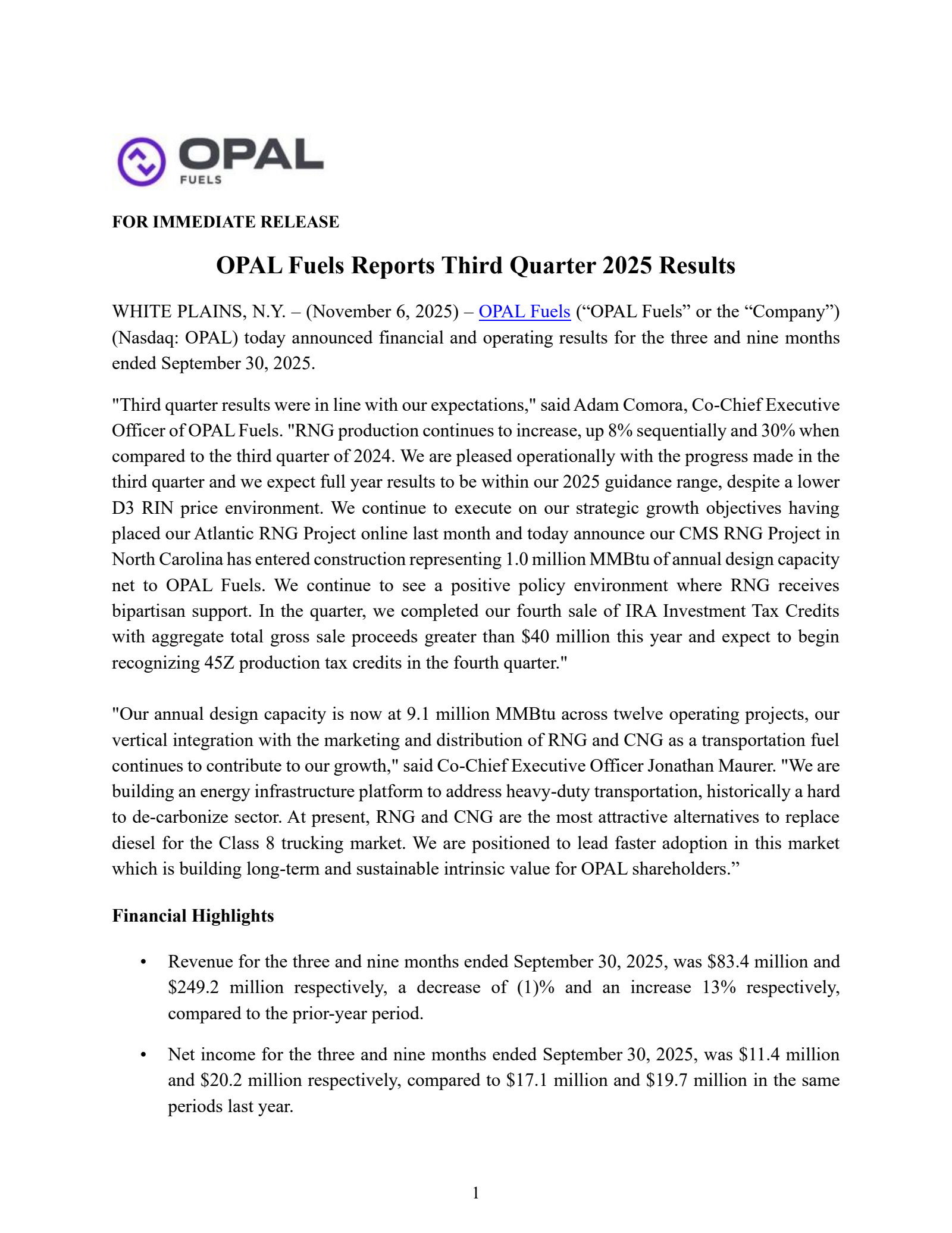 OPAL Fuels' Q3 2025 Earnings Release