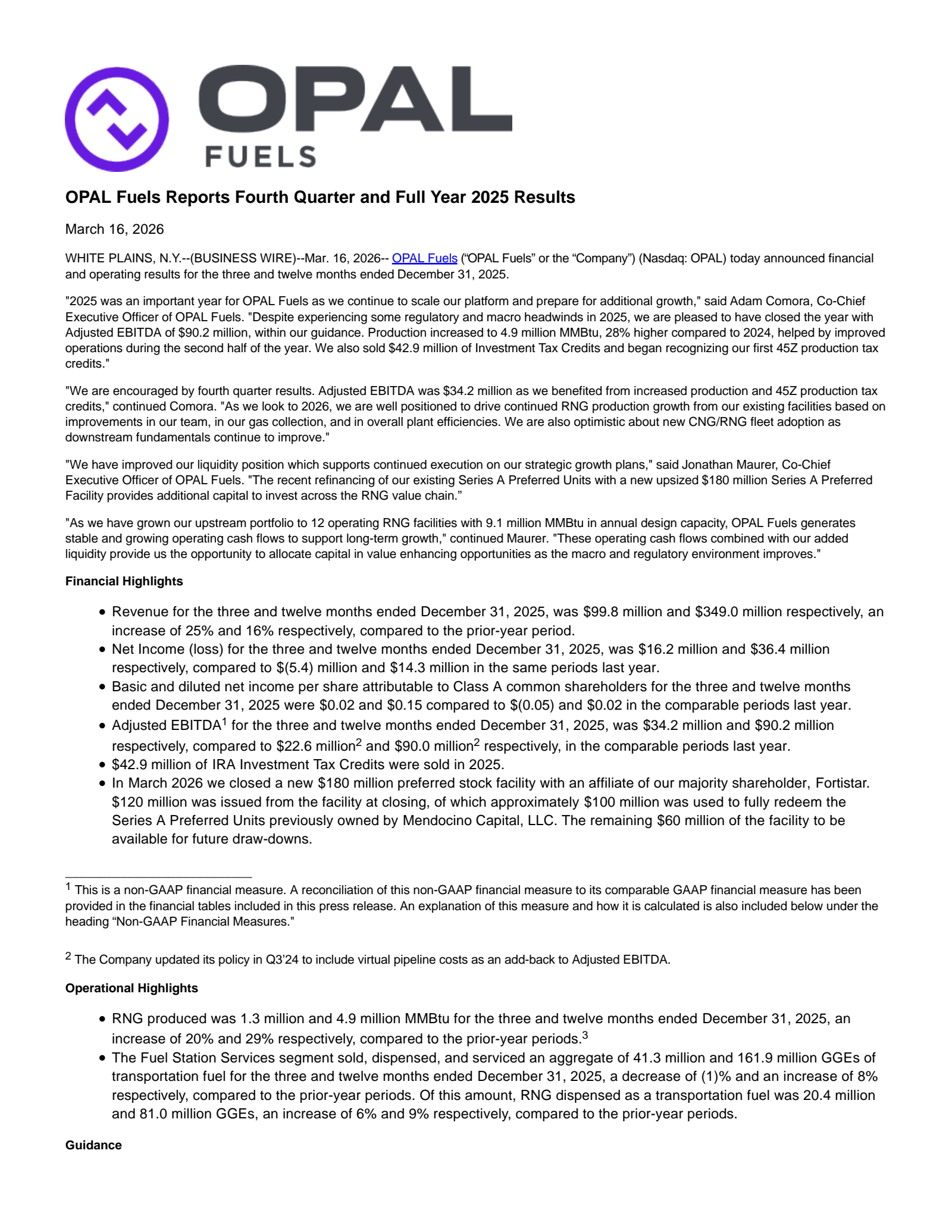 OPAL Fuels' Q4 2025 Press Release