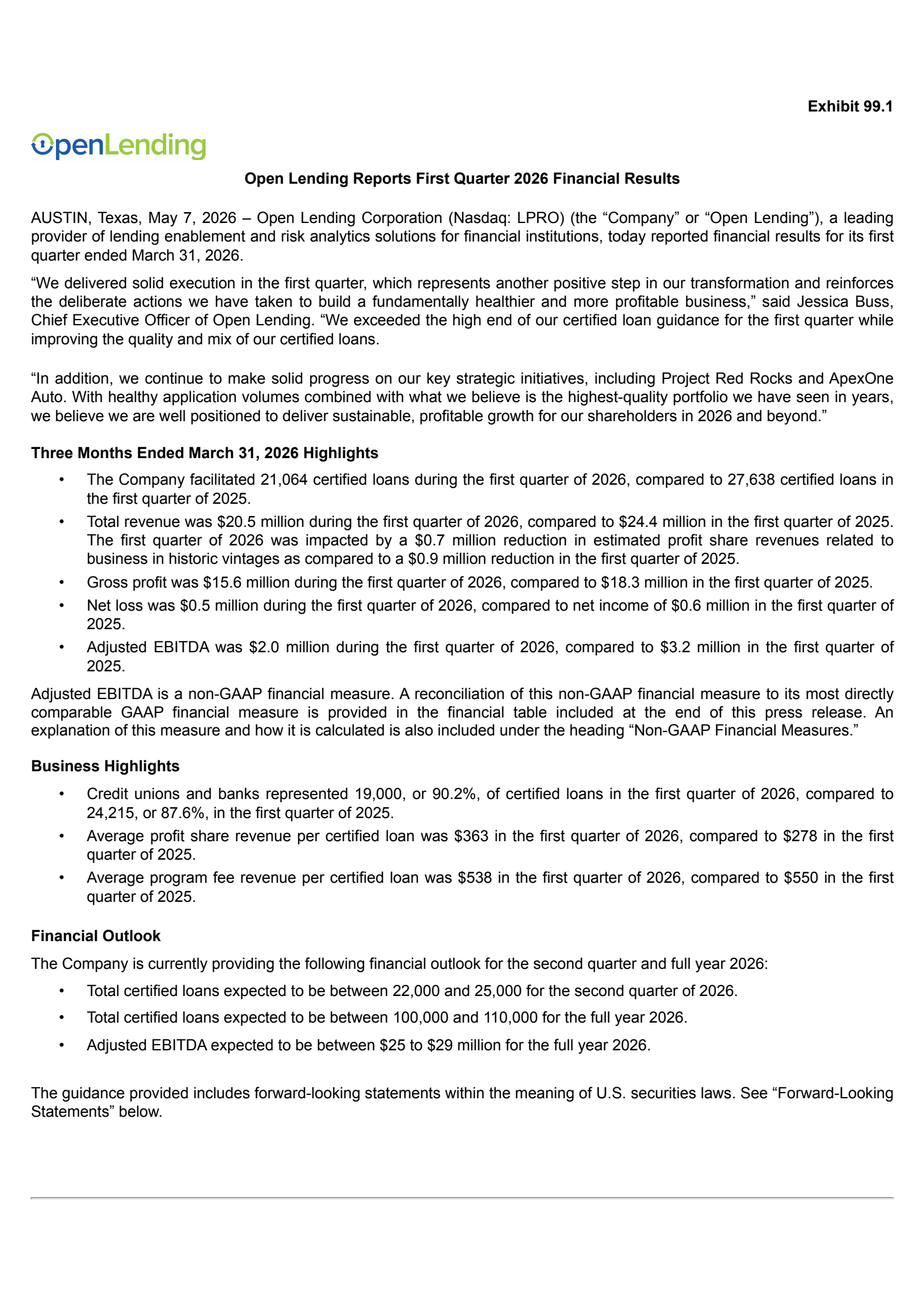 Open Lending's Q1 2026 Press Release